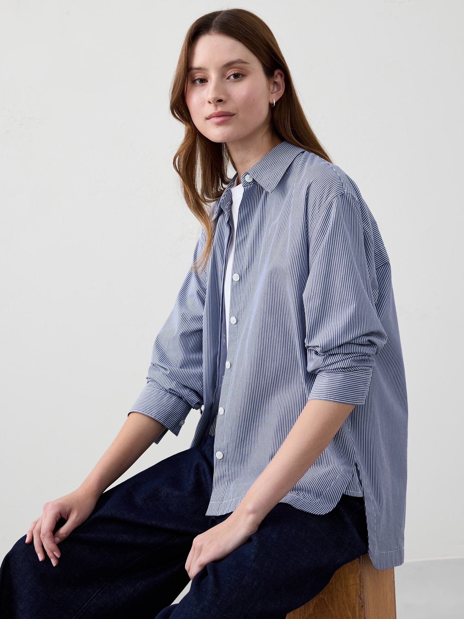 Oversized Cotton Shirt - Crescent Navy Stripe