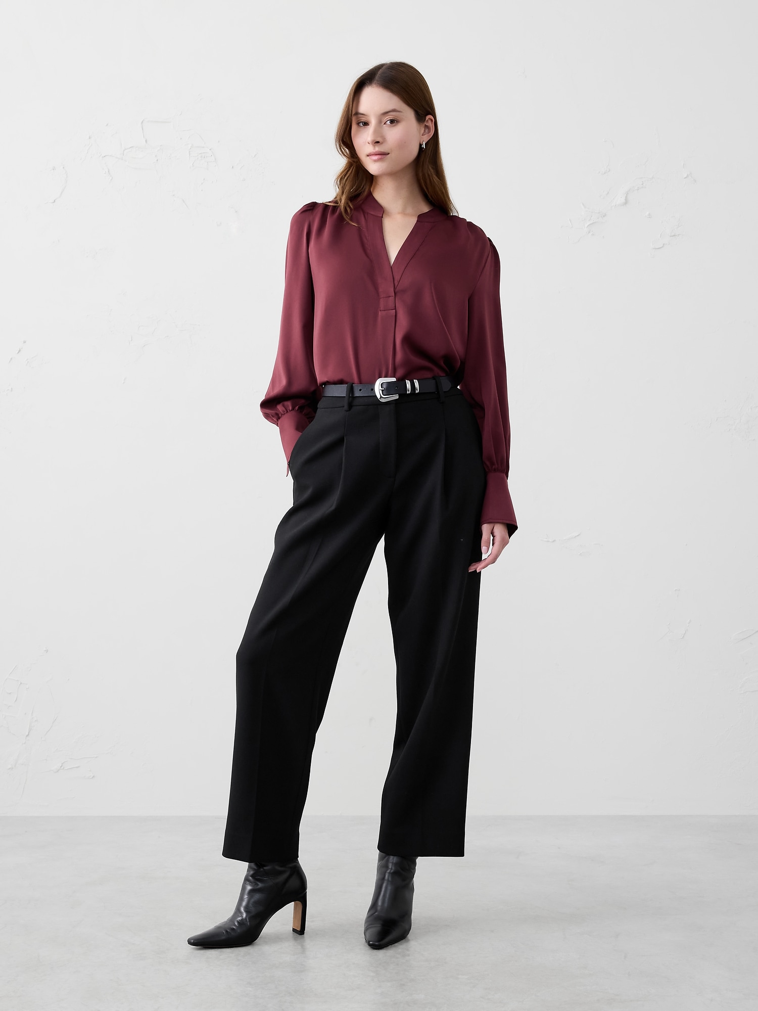 Crepe Volume-Sleeve Blouse - Cherry Jam