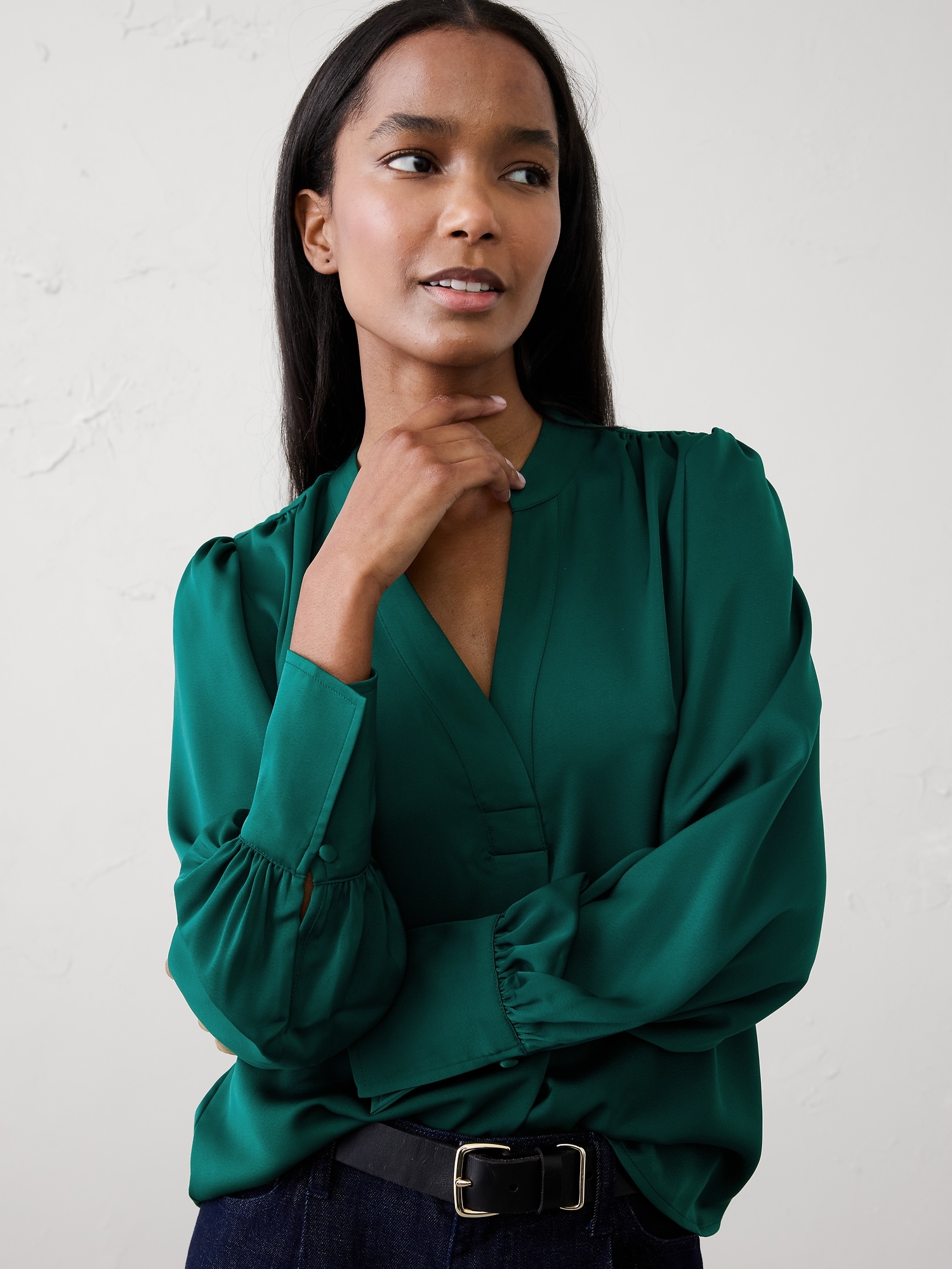 Crepe Volume-Sleeve Blouse - Sapphire Green