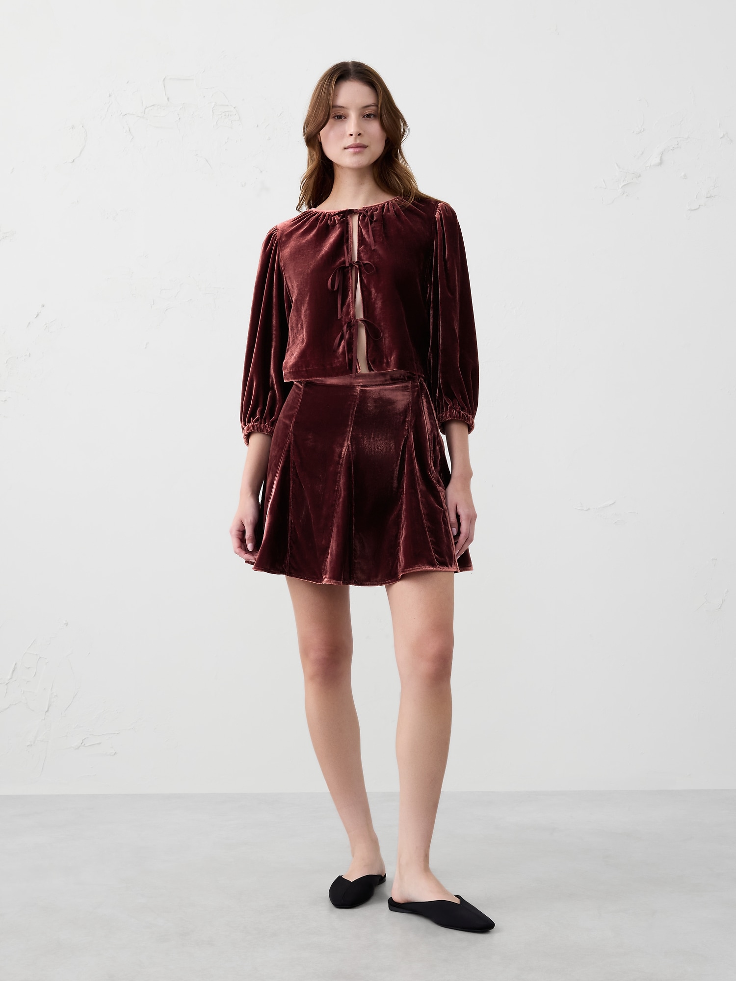 Godet Velvet Mini Skirt - Cherry Jam