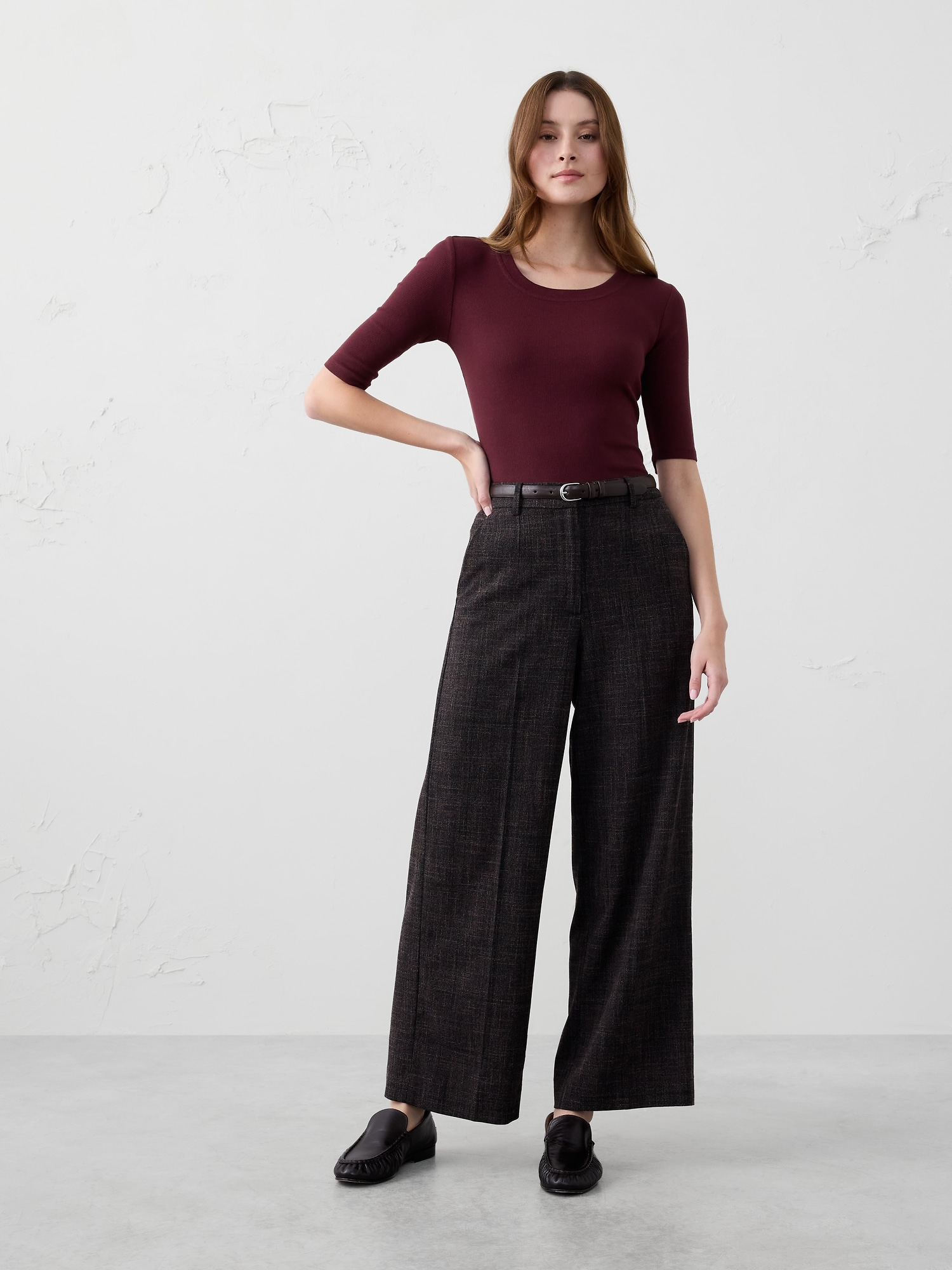 Ribbed Elbow-Sleeve T-Shirt - Vino Rosso