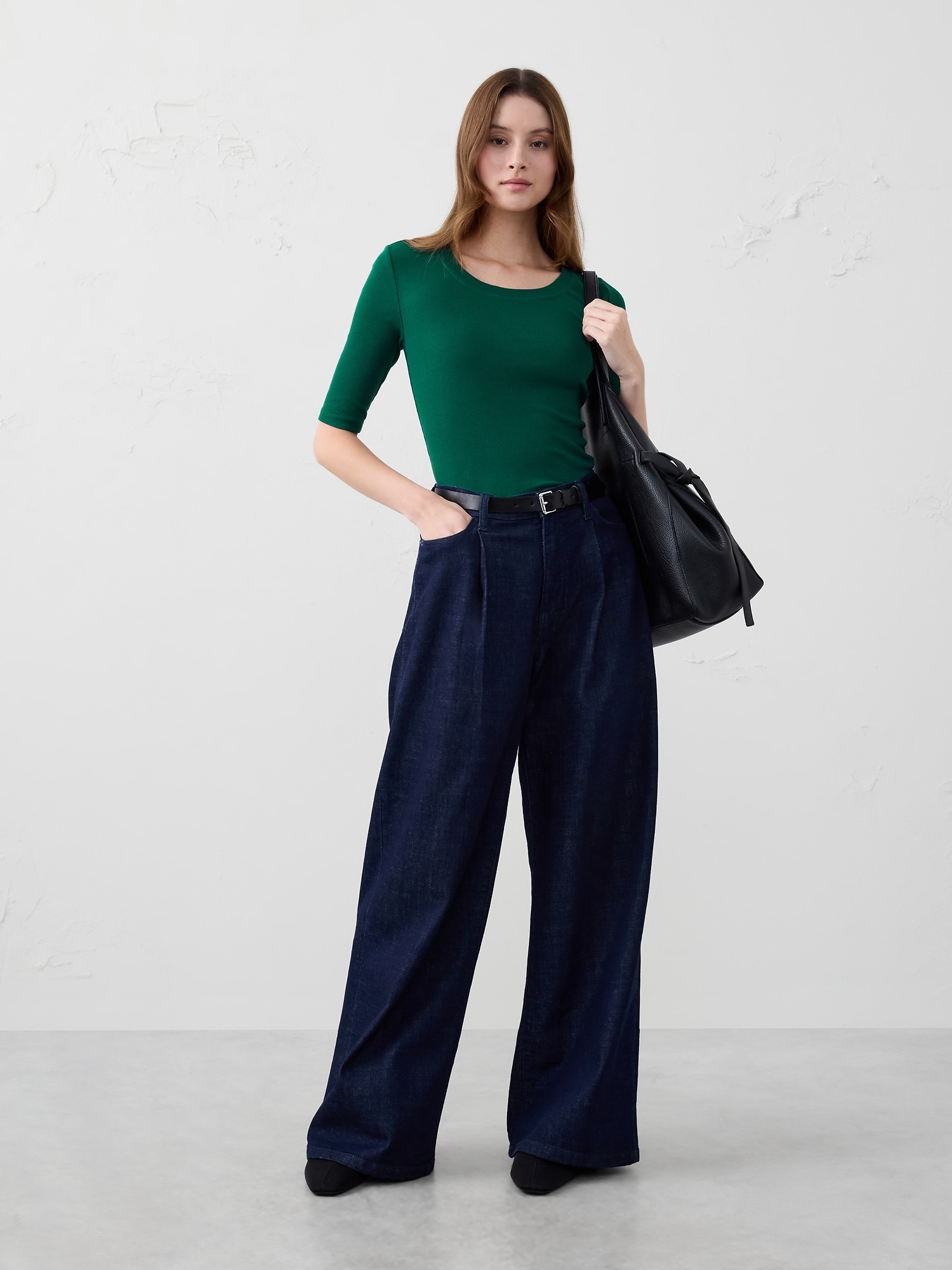 Ribbed Elbow-Sleeve T-Shirt - Sapphire Green
