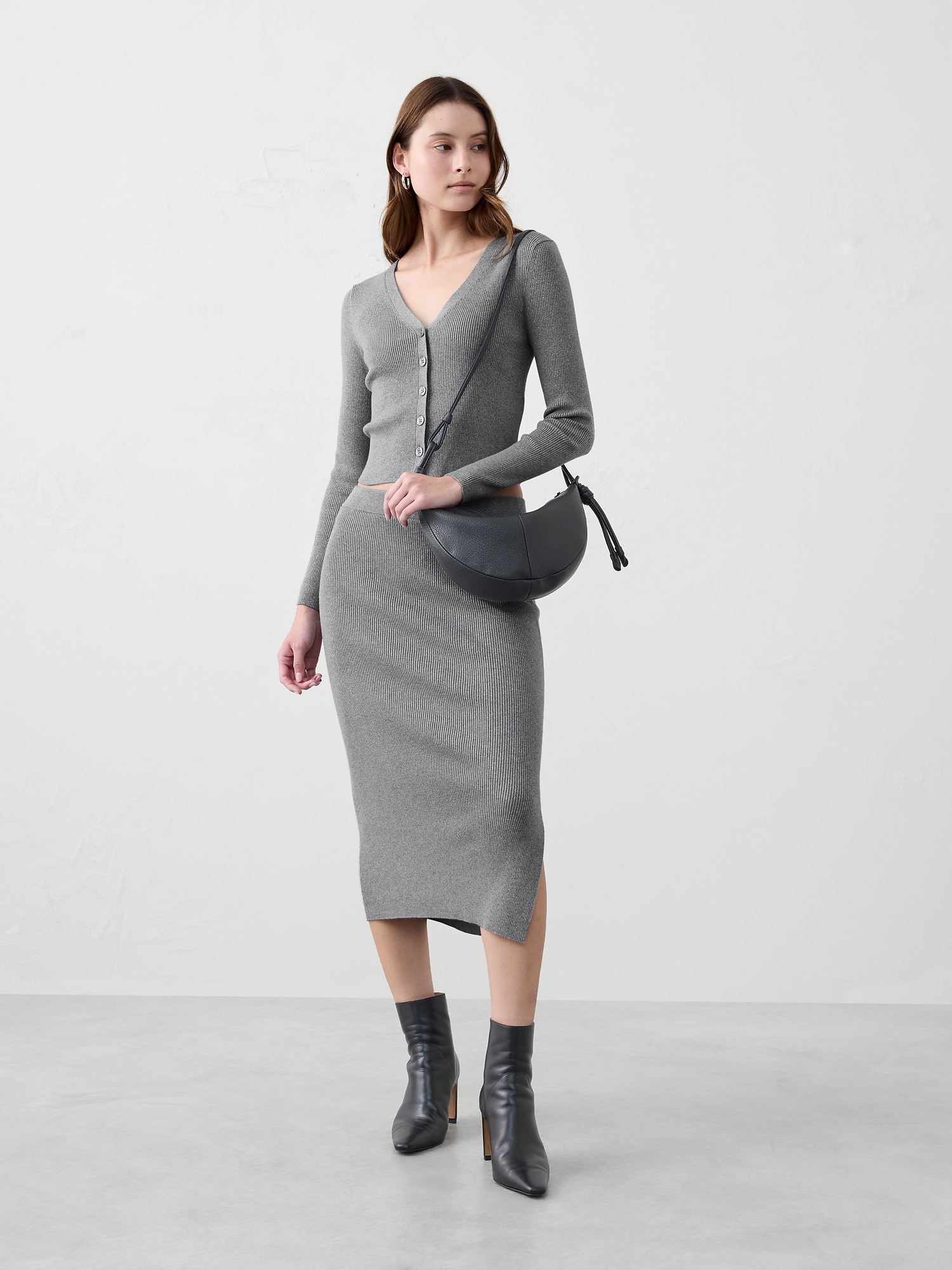 Lurex Ribbed Cardigan Sweater - Medium Gray