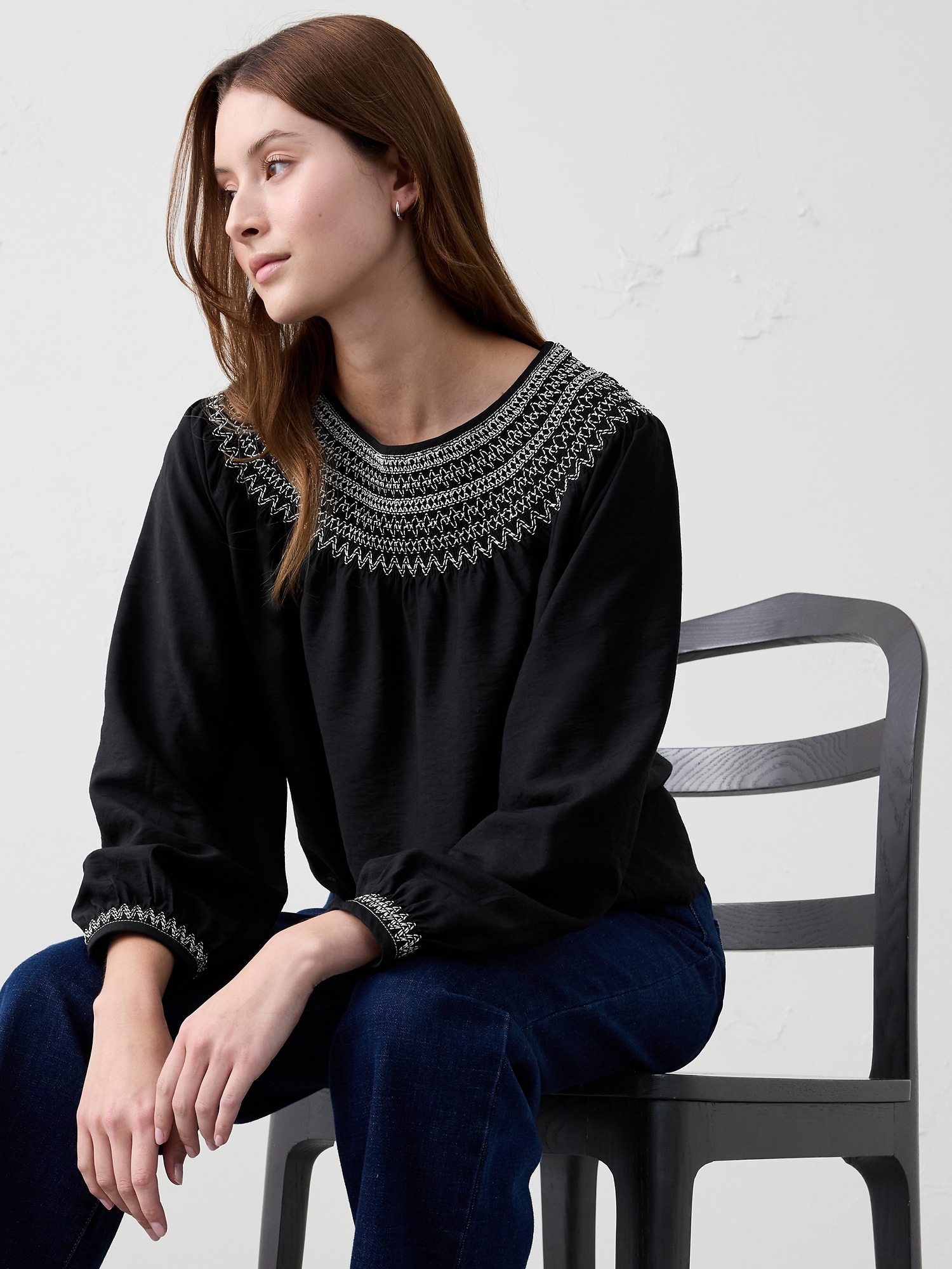 Embroidered-Neck Top