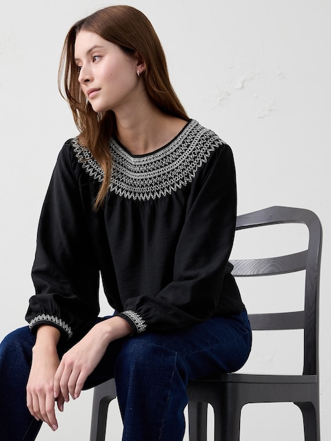 Embroidered-Neck Top