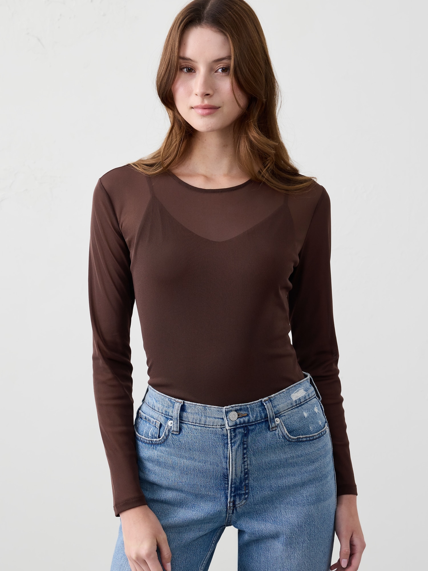 Mesh Crew-Neck Top - Dark Oak