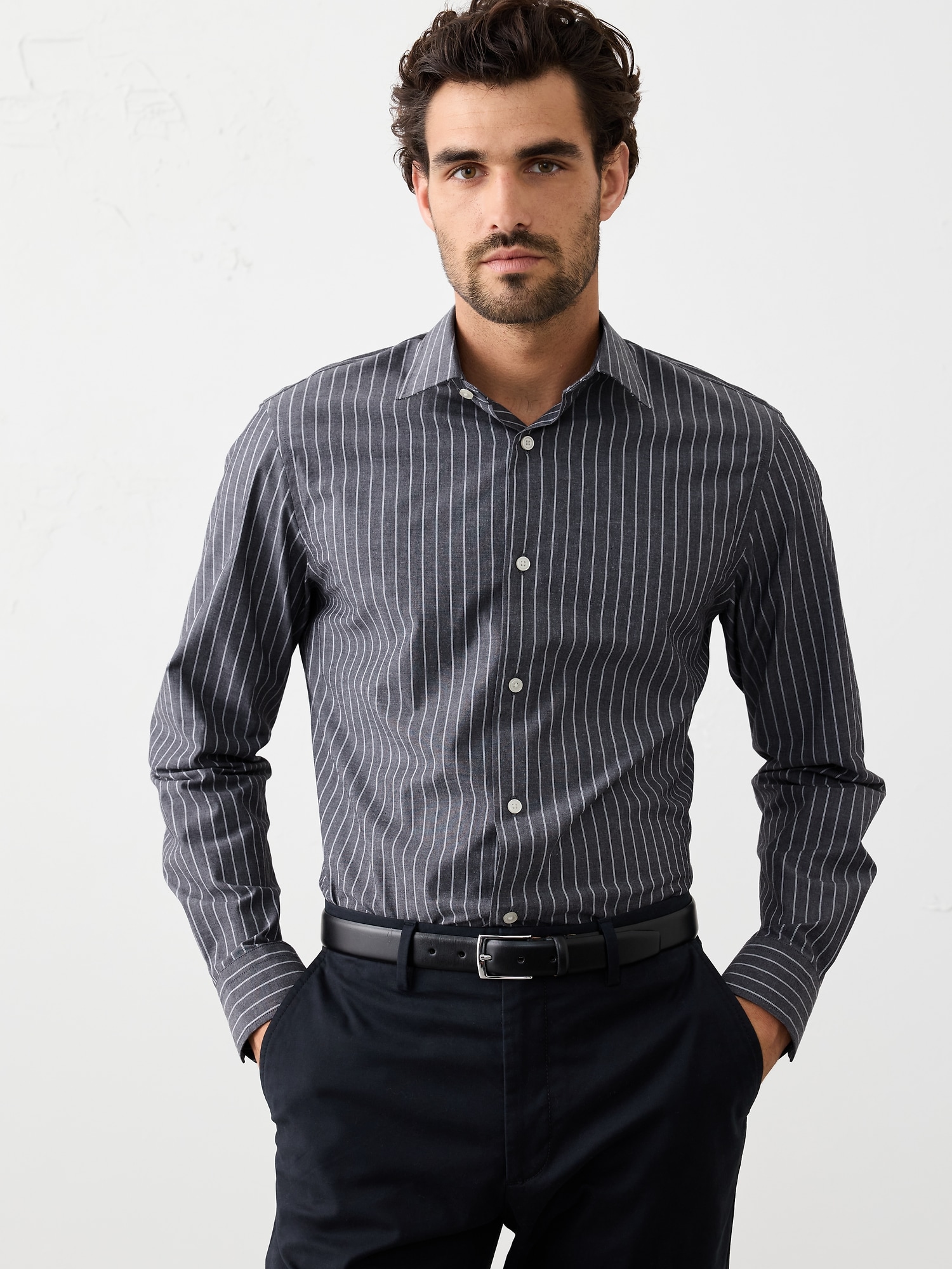 Athletic-Fit Dress Shirt - Charcoal Stripe
