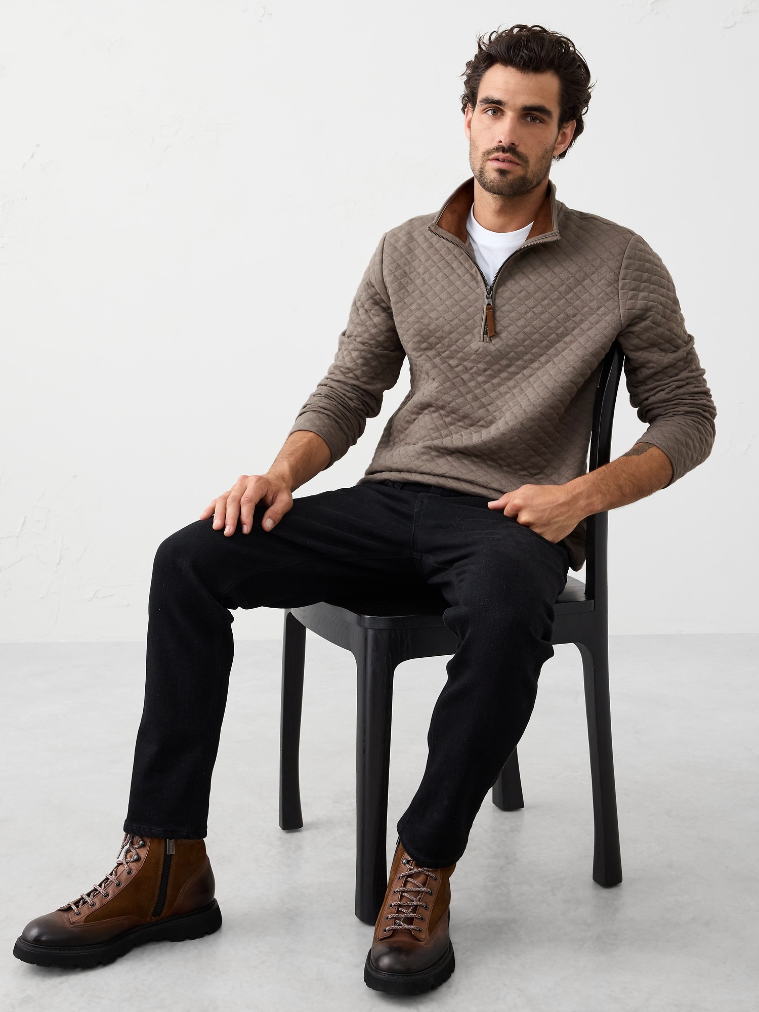 Quilted Knit Half-Zip Pullover - Rock Grey