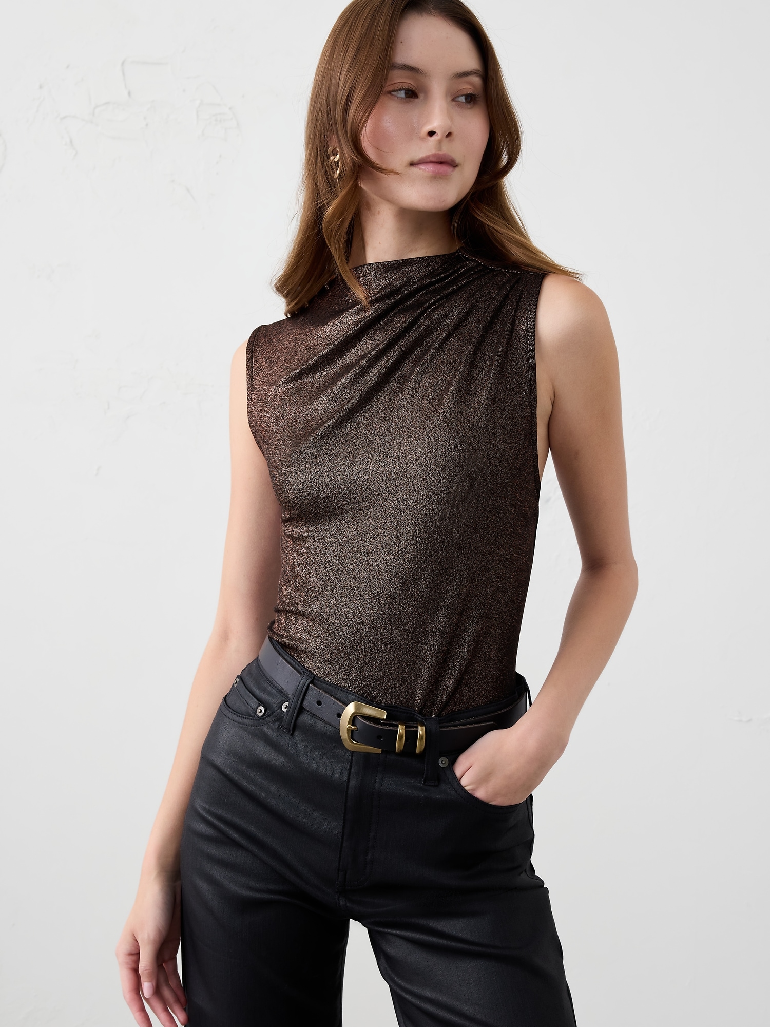 Foiled Ribbed Draped-Shoulder Top - Bronze Brown