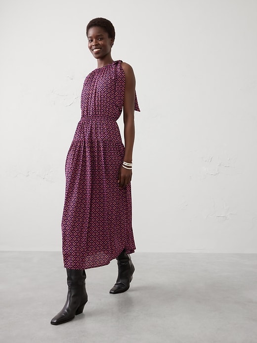 Shirred-Neck Drop-Waist Midi Dress