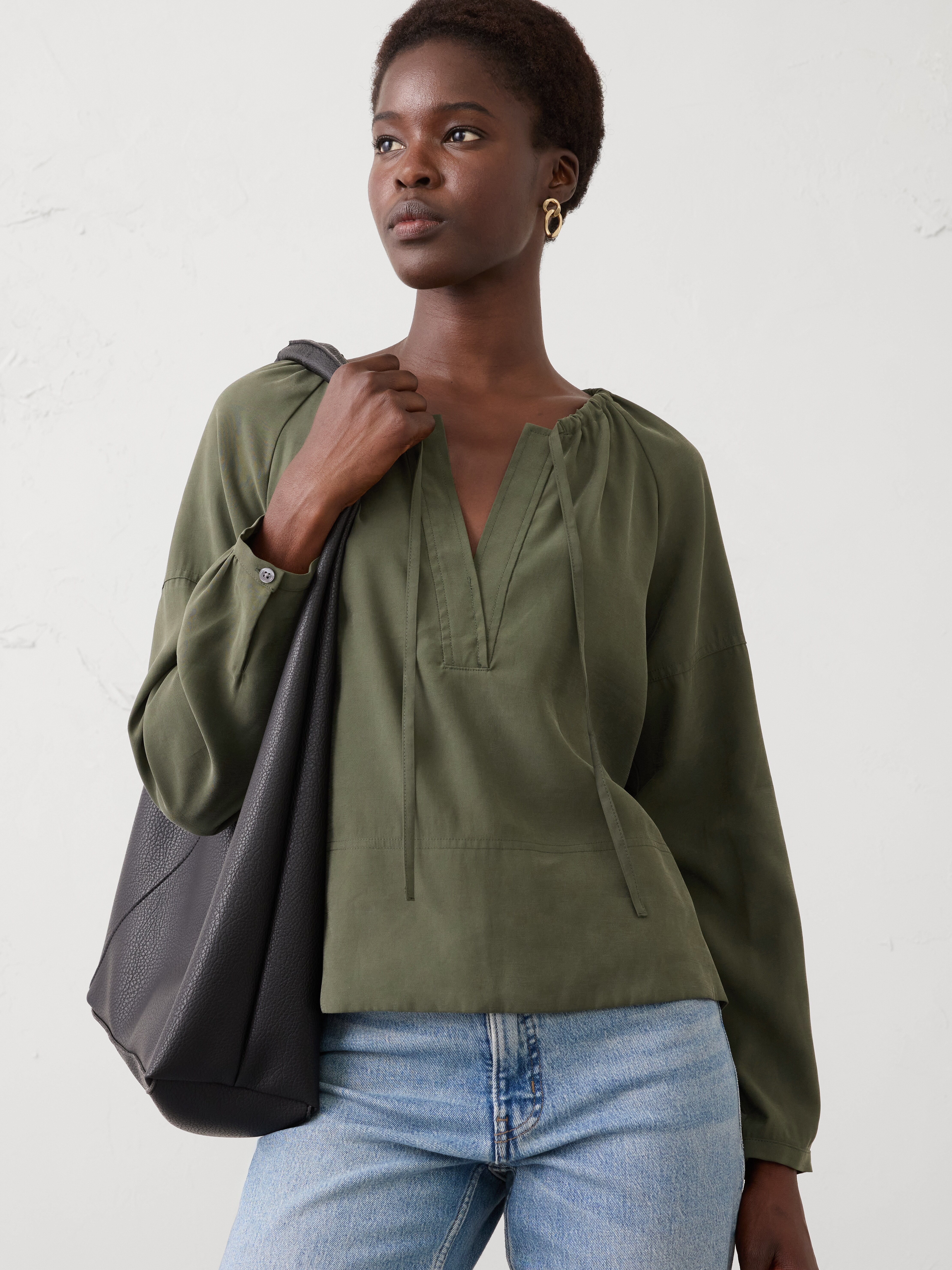 Twill Shirred Popover Shirt