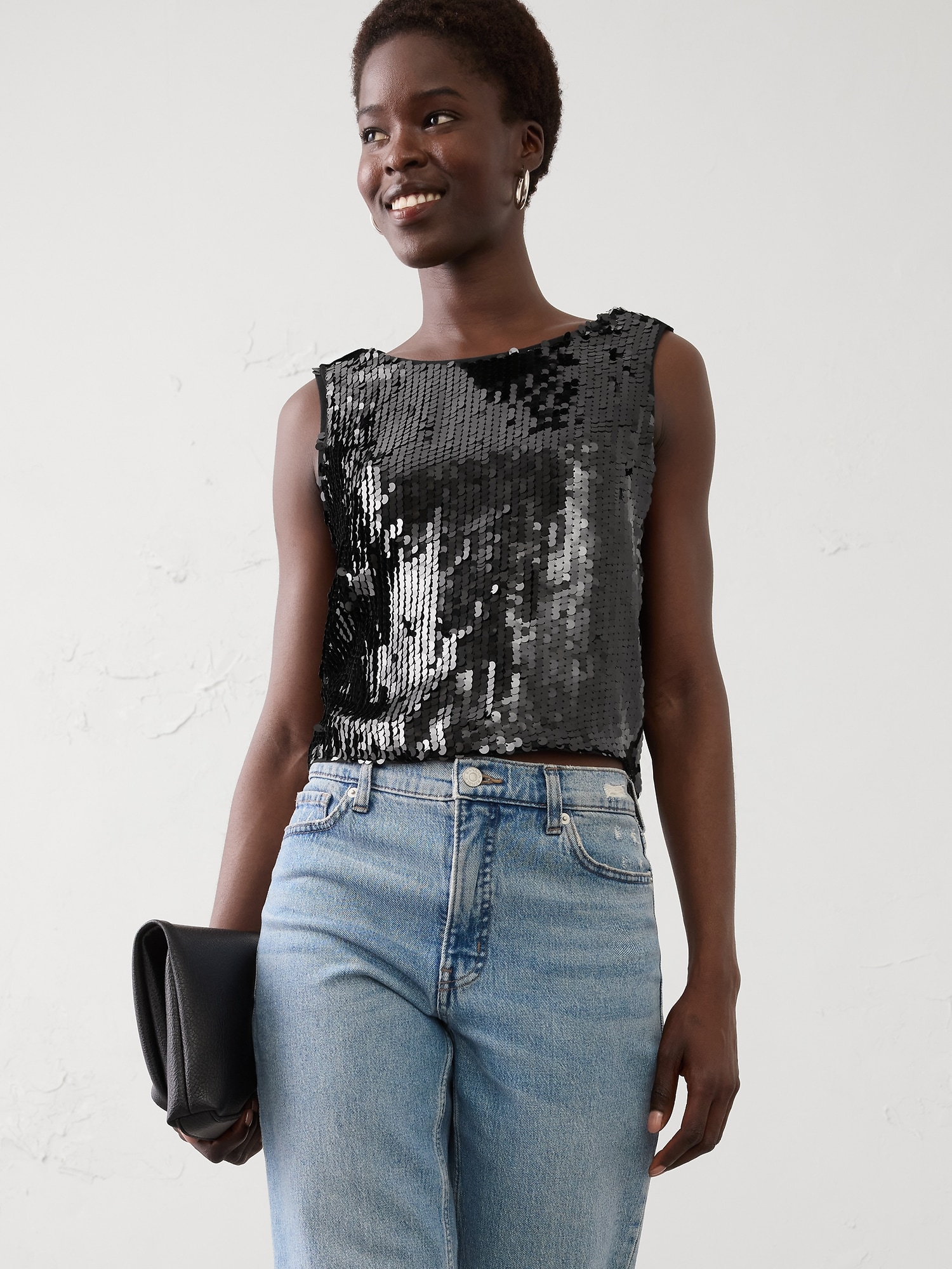 Sequin Crew-Neck Top - Black