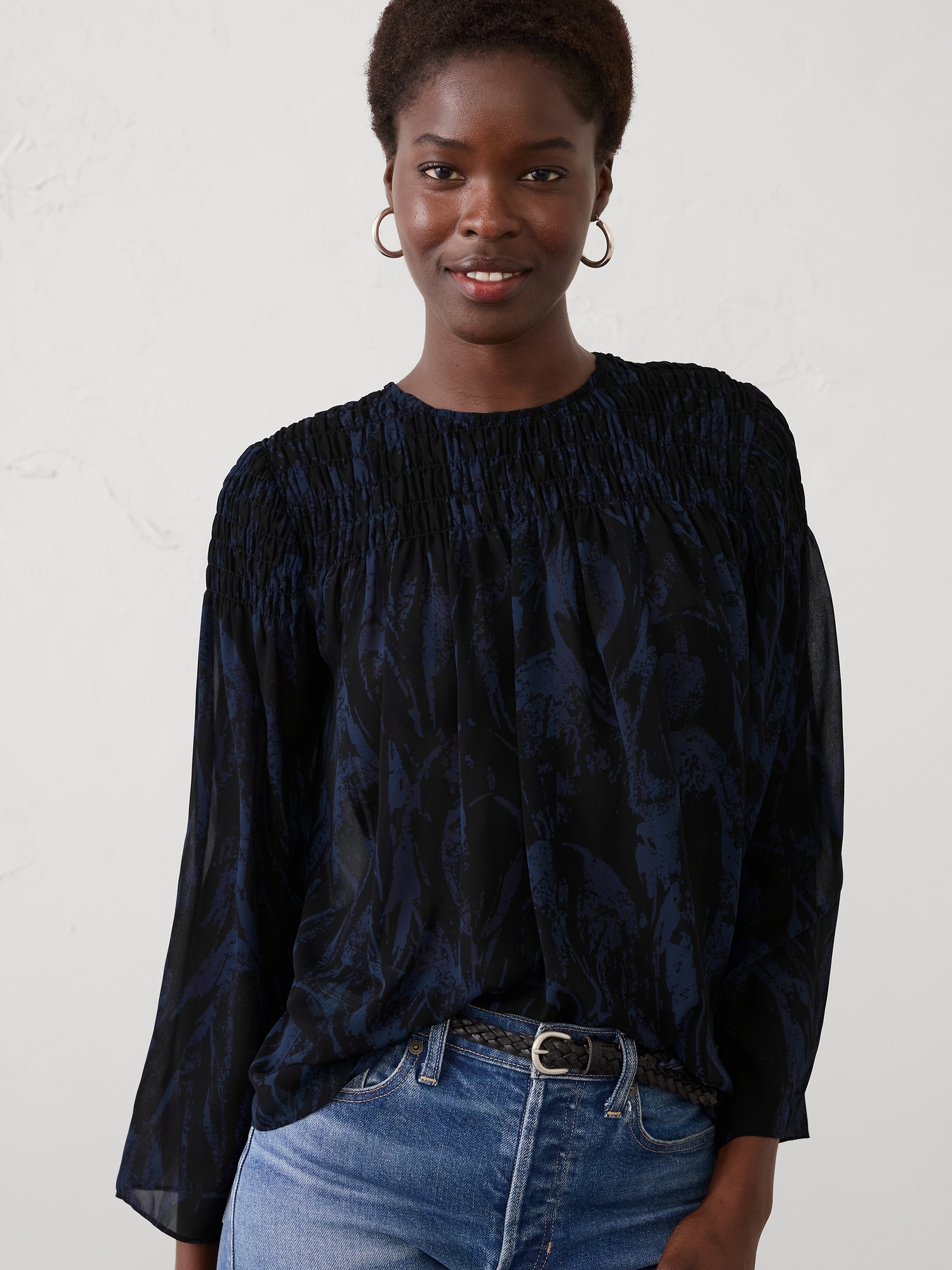 Smocked Yoke Blouse - Blue Feather