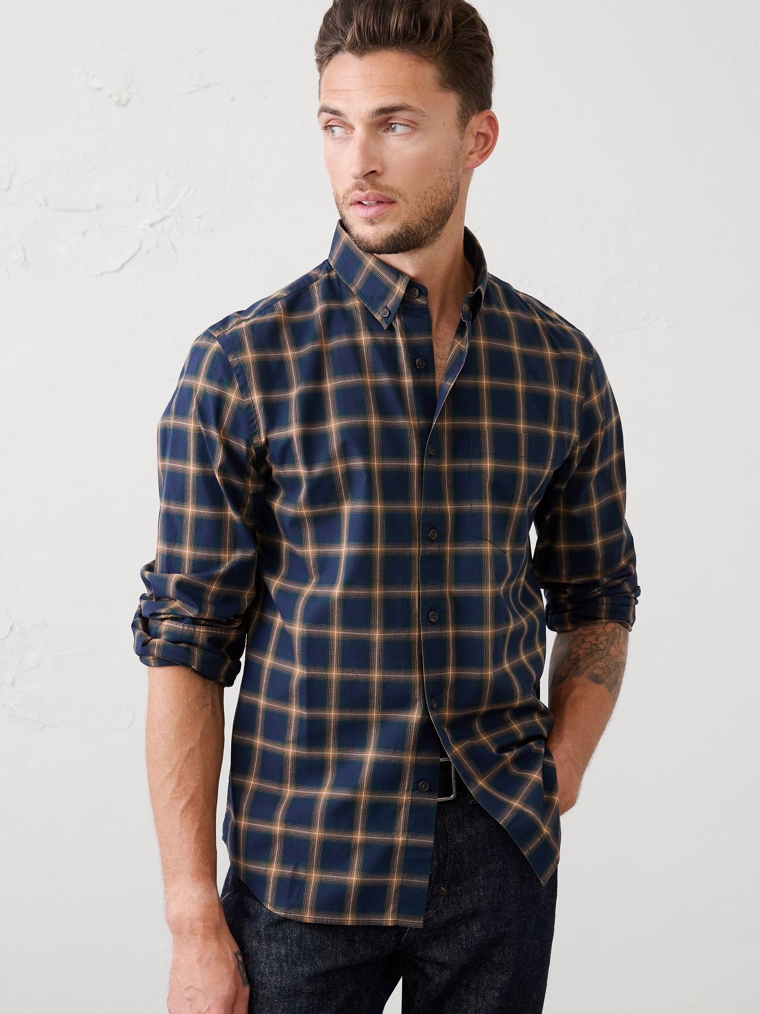 Slim-Fit Softwash Cotton Shirt - Navy Plaid
