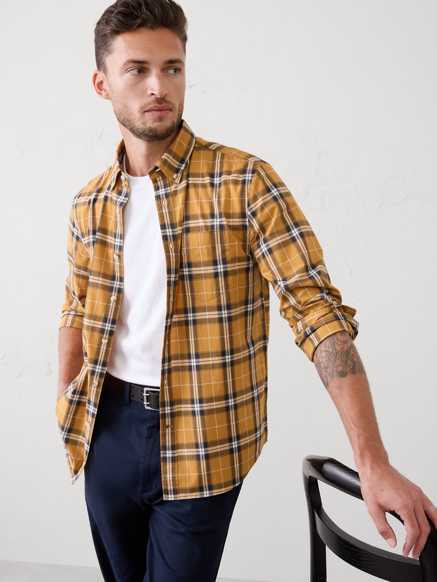 Slim-Fit Softwash Cotton Shirt - Yellow Plaid