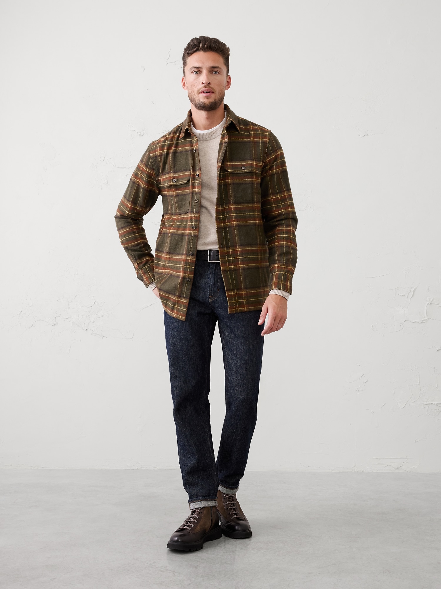 Standard-Fit Heavyweight Flannel Shirt - Olive Plaid