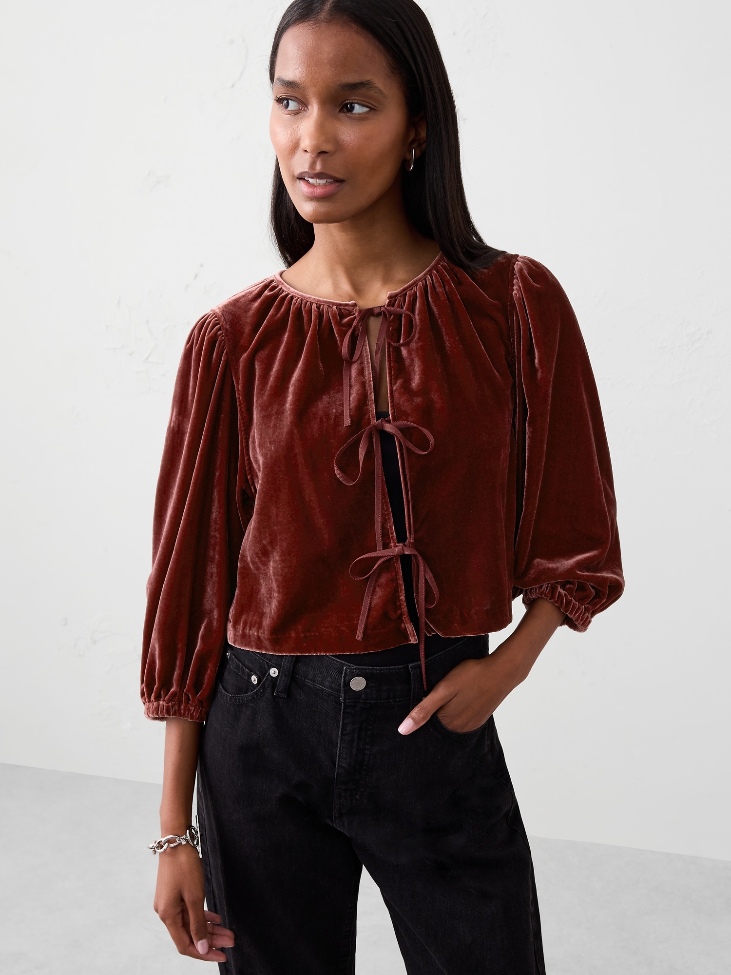 Image number 1 showing, Velvet Tie-Front Top