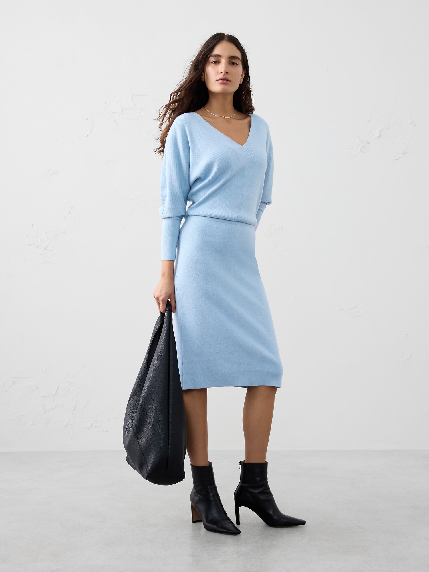 Blouson Knee Length Sweater Dress - Natural Blue