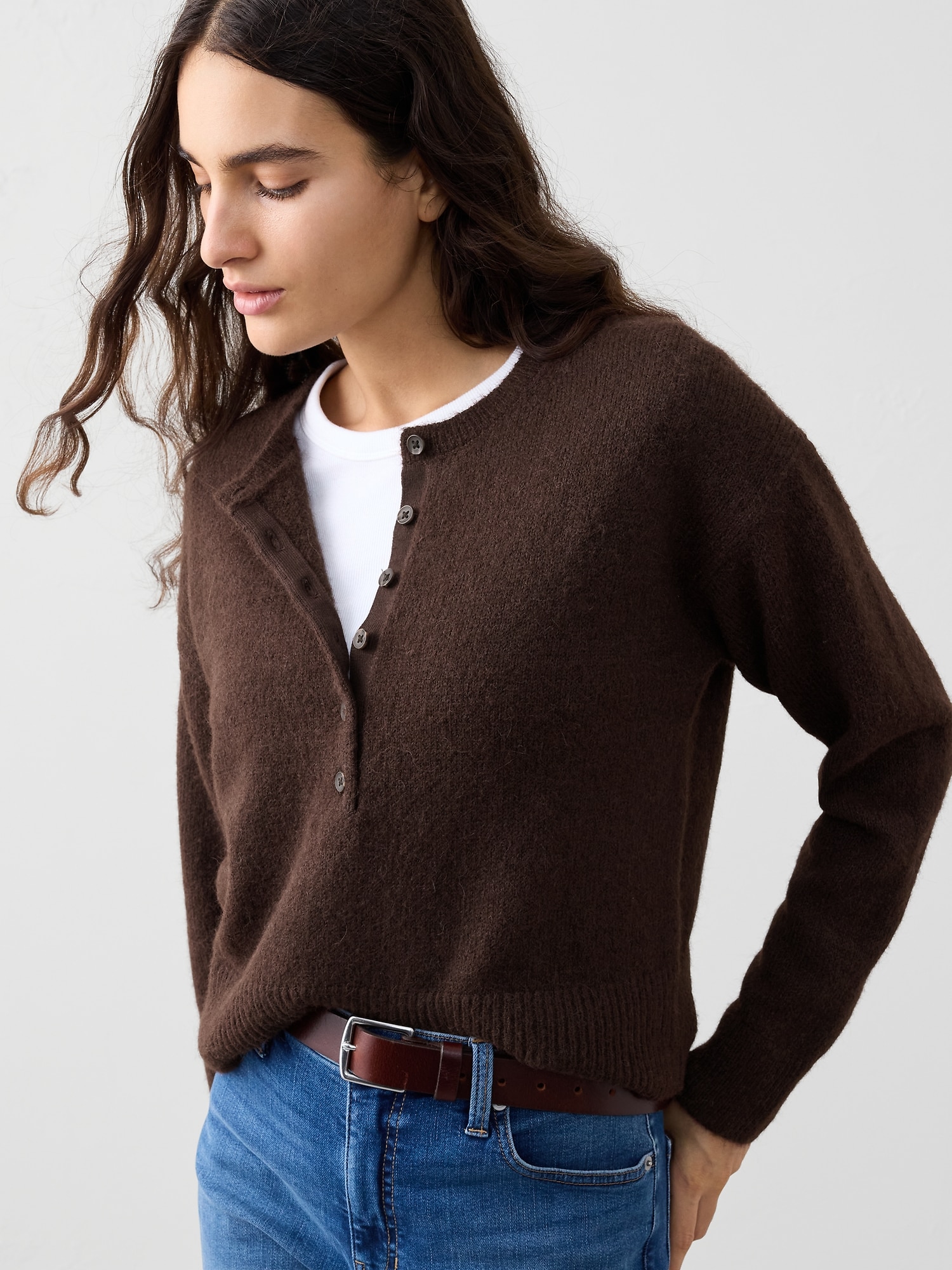 Henley Brushed Pullover Sweater - Dark Oak