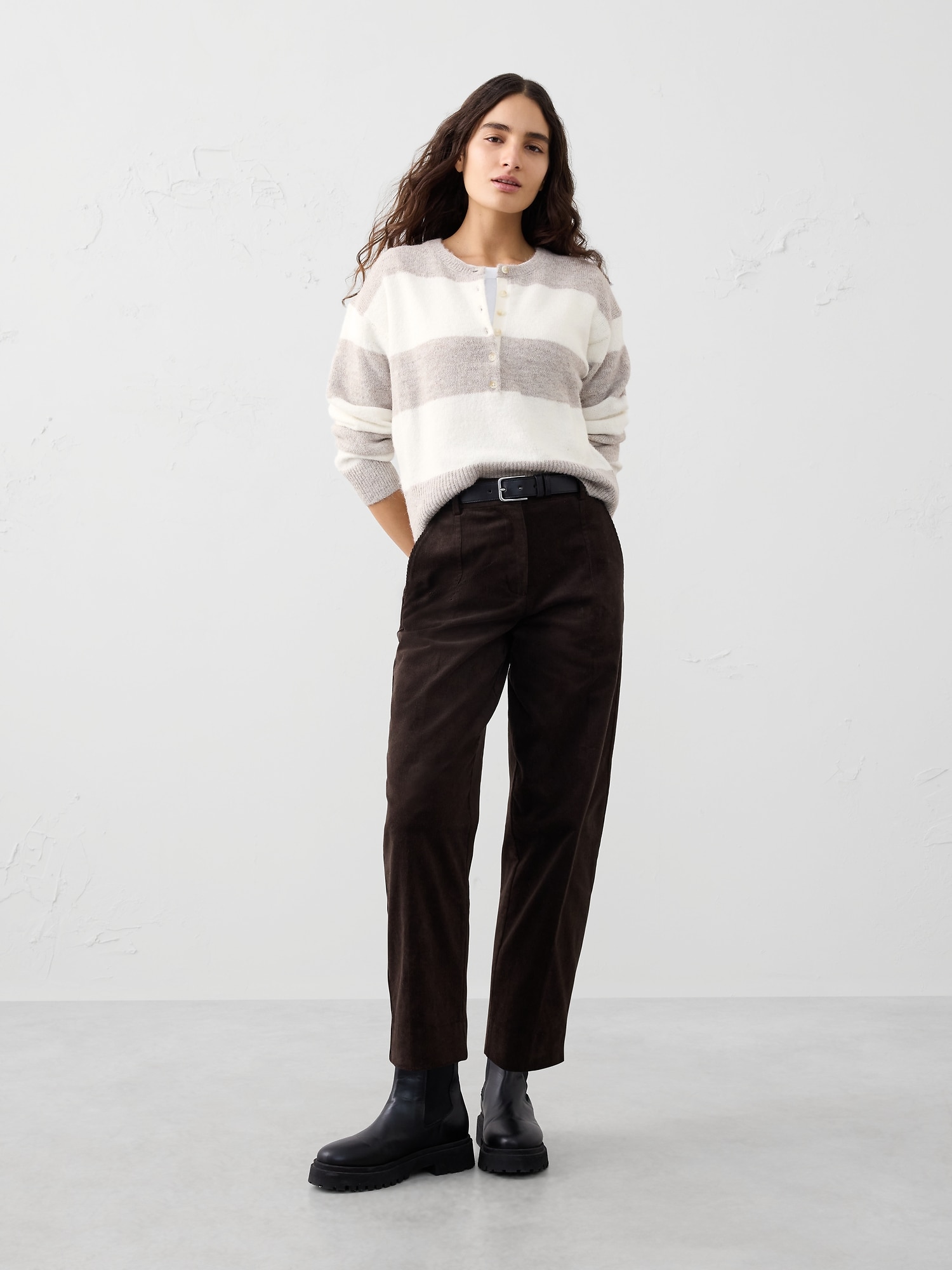 Henley Brushed Pullover Sweater - Neutral Stripe