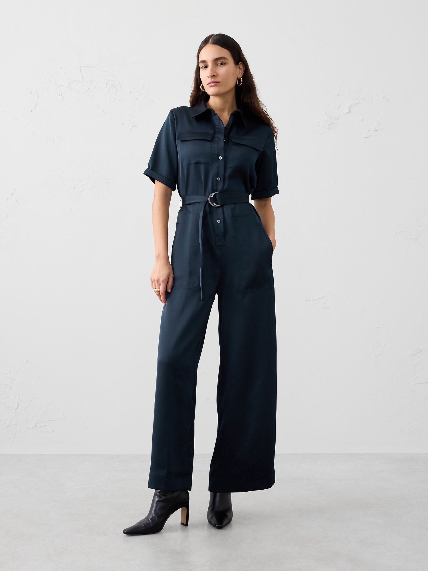 Satin Utility Jumpsuit - Preppy Navy