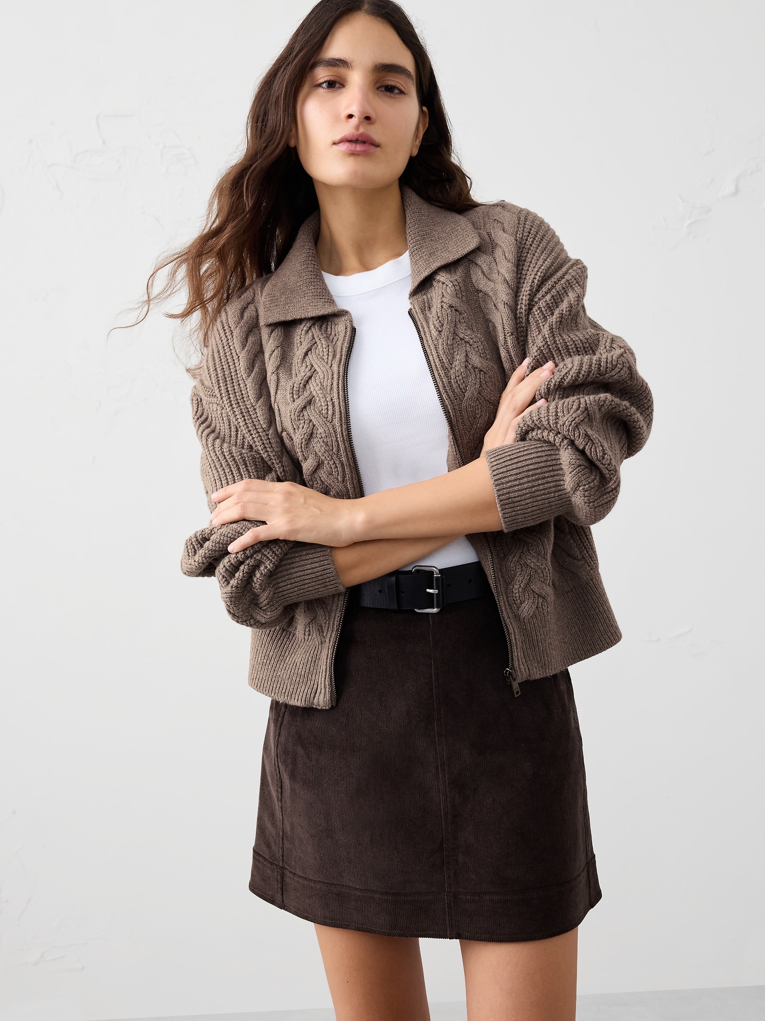 Perfectly Soft Cable Sweater Jacket - Brown Heather
