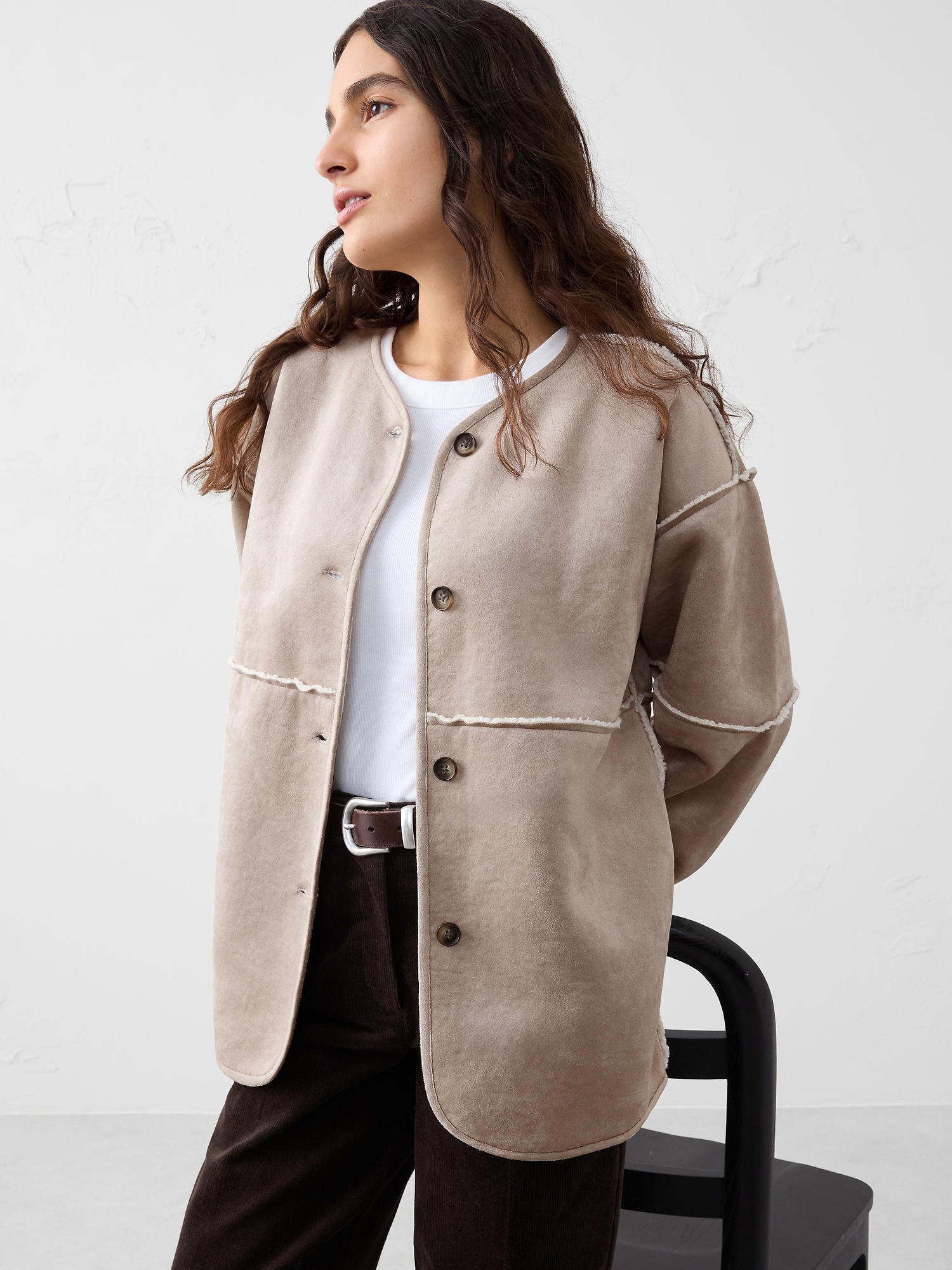 Reversible Vegan Suede Sherpa Jacket - Pewter Gray