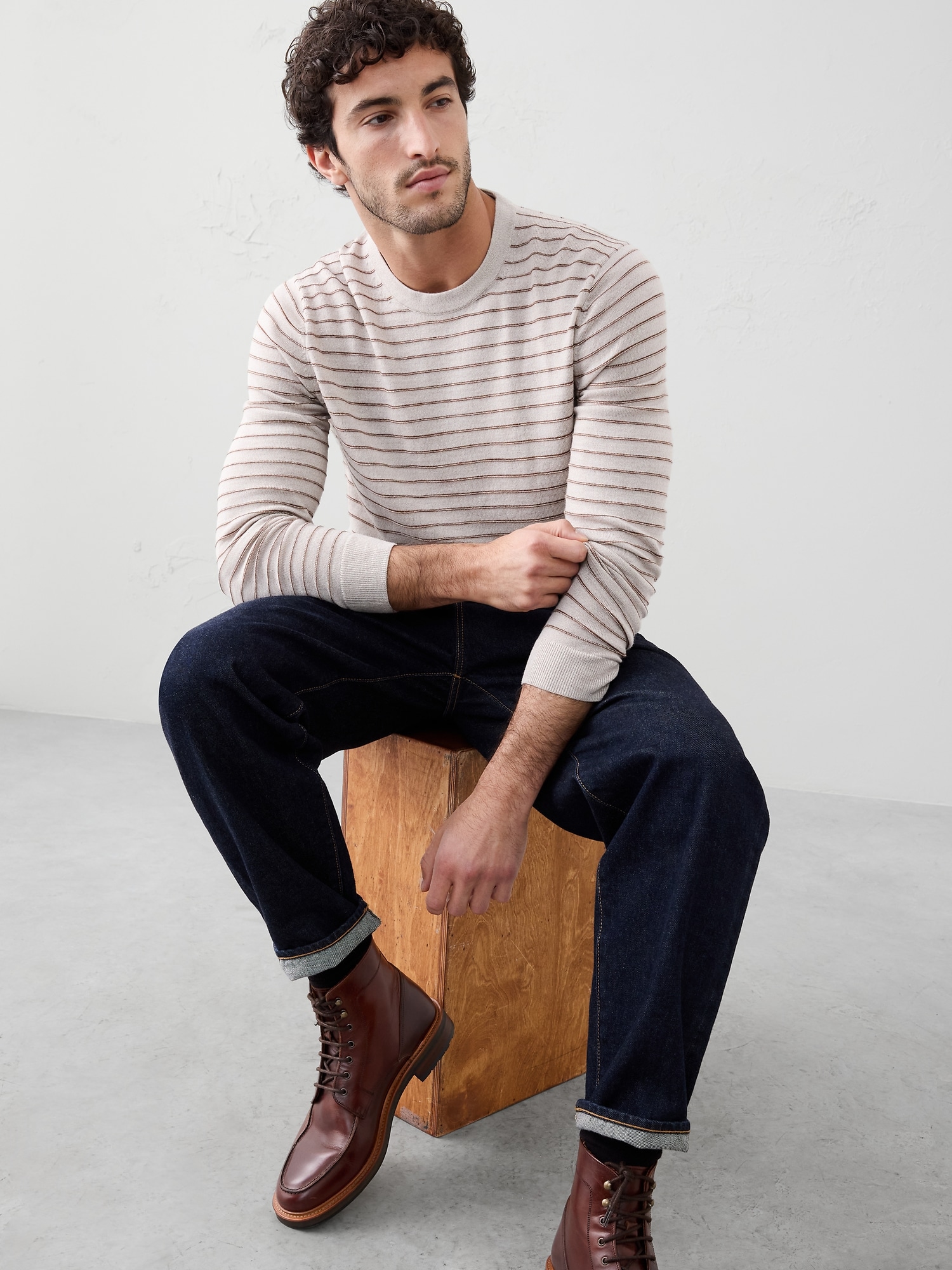 Merino Wool Textured Striped Sweater - Brown Stripe