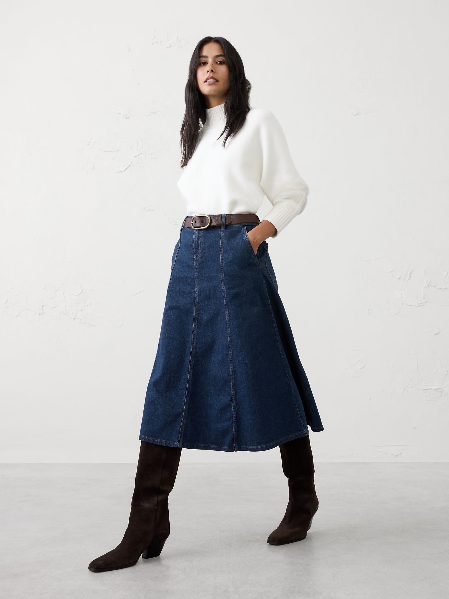 Denim Flared Midi Skirt