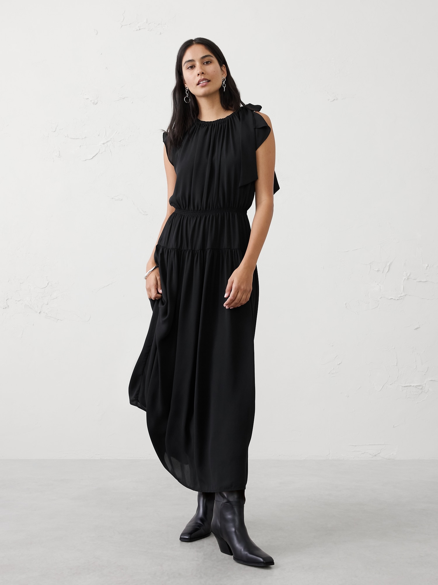 Shirred-Neck Drop-Skirt Midi Dress