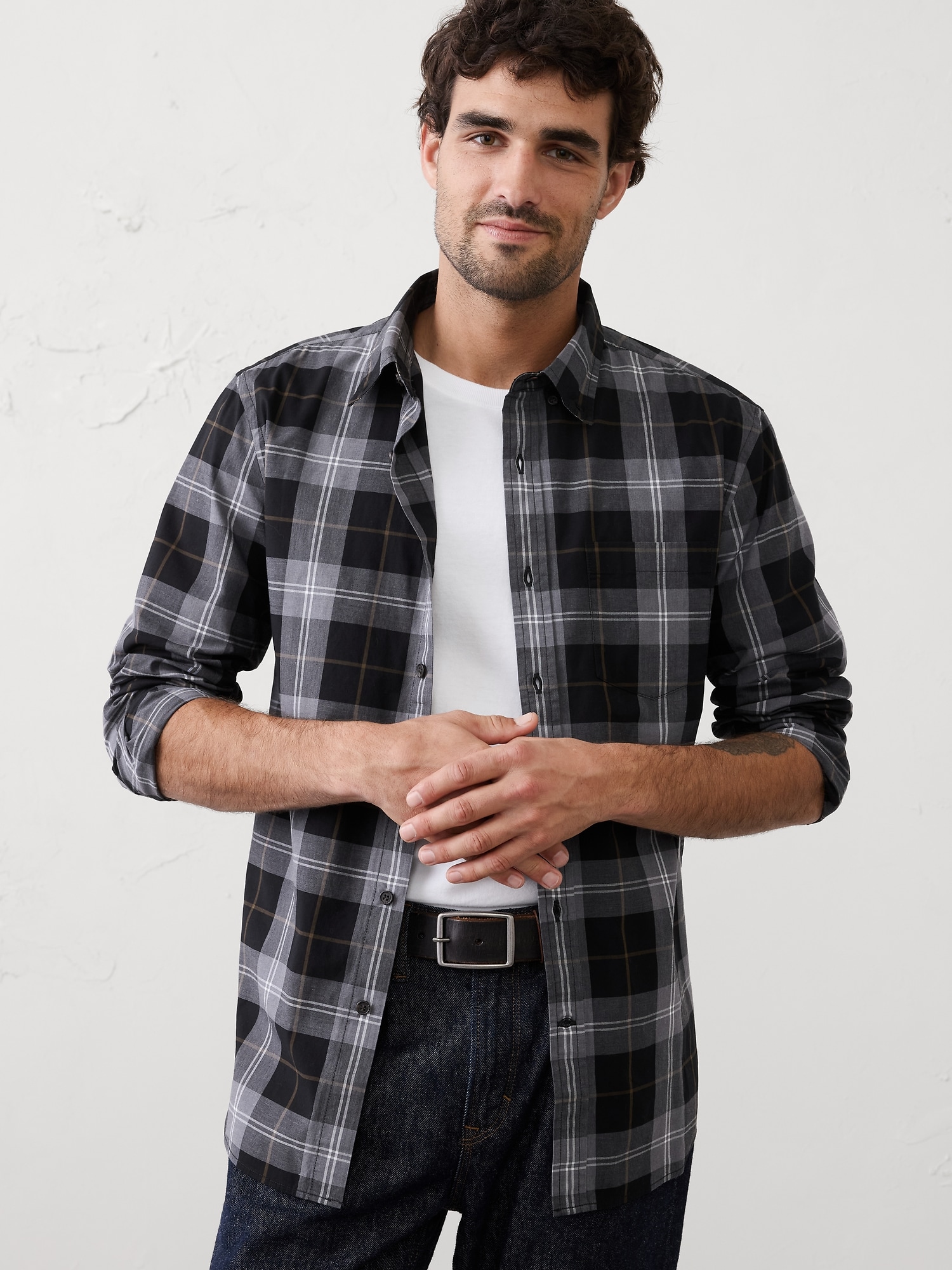Slim-Fit Softwash Cotton Shirt - Black Plaid