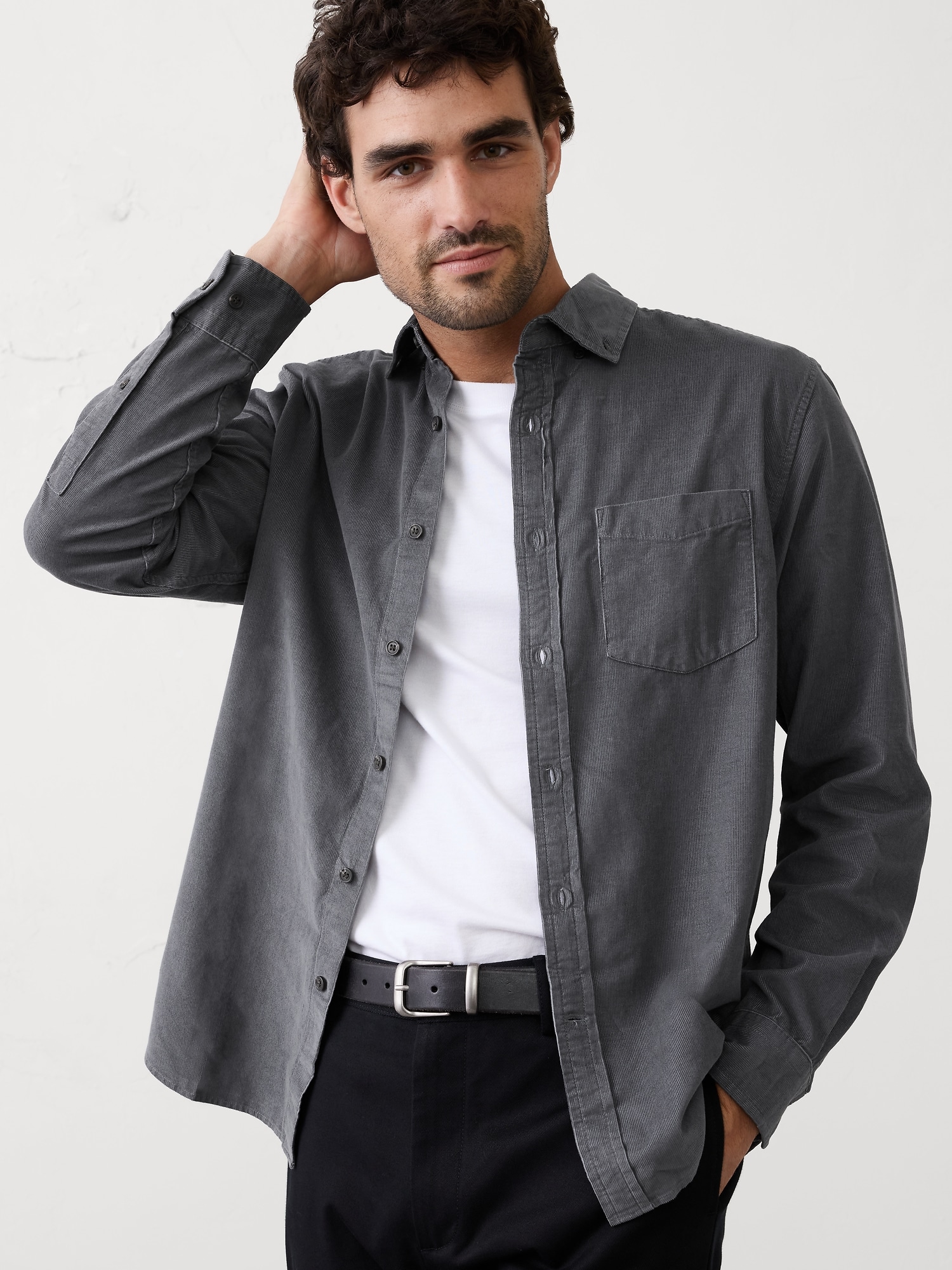 Slim-Fit Fine Wale Corduroy Shirt - Graphite