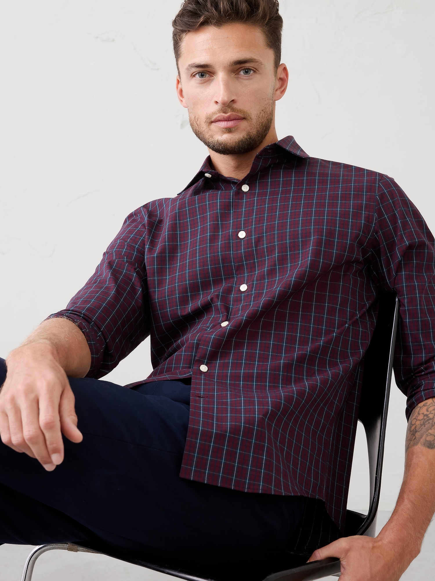 Slim Untucked Dress Shirt - Burgundy Plaid