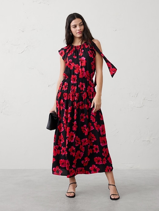 Shirred-Neck Drop-Waist Midi Dress