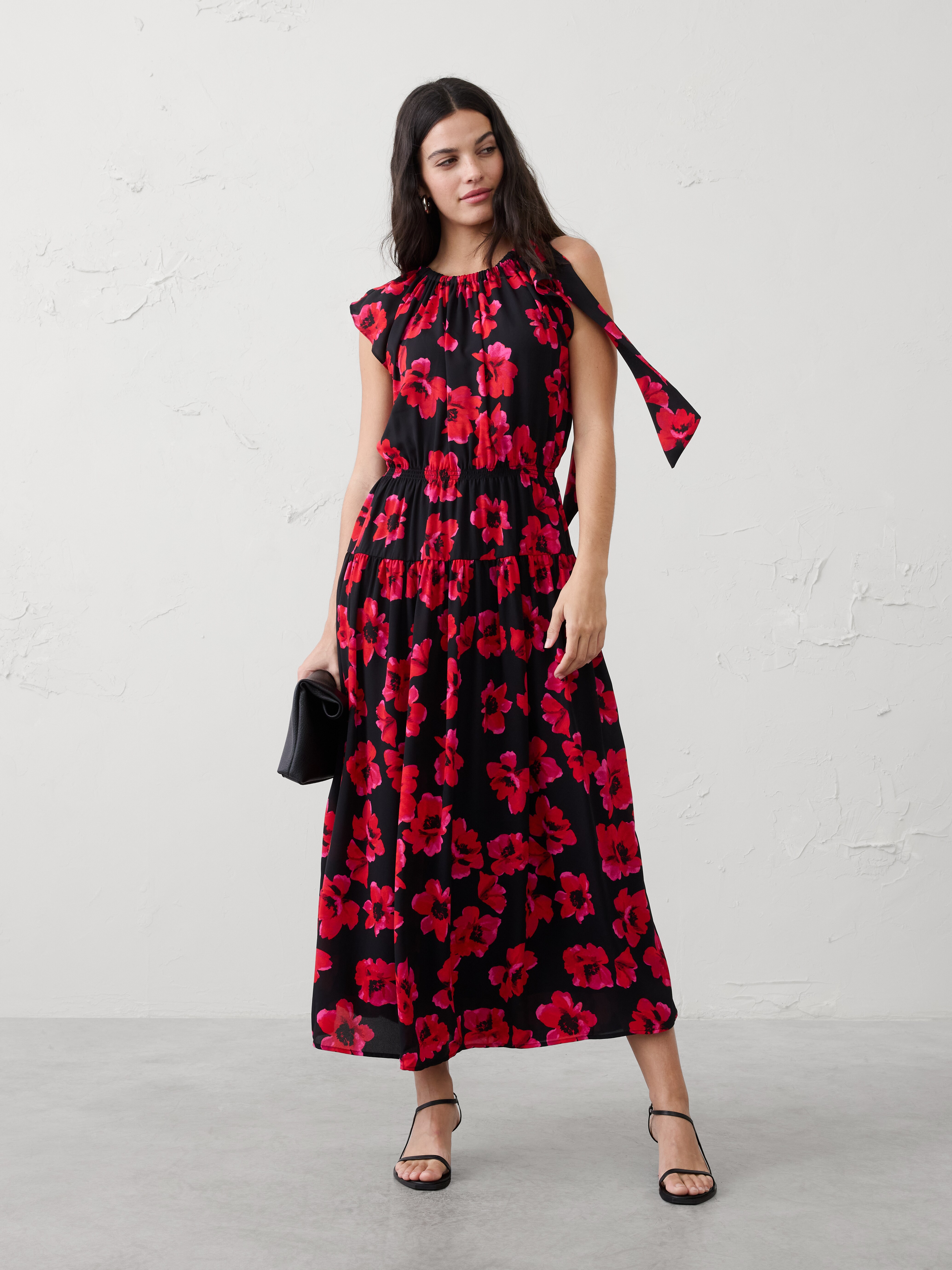Shirred-Neck Drop-Waist Midi Dress