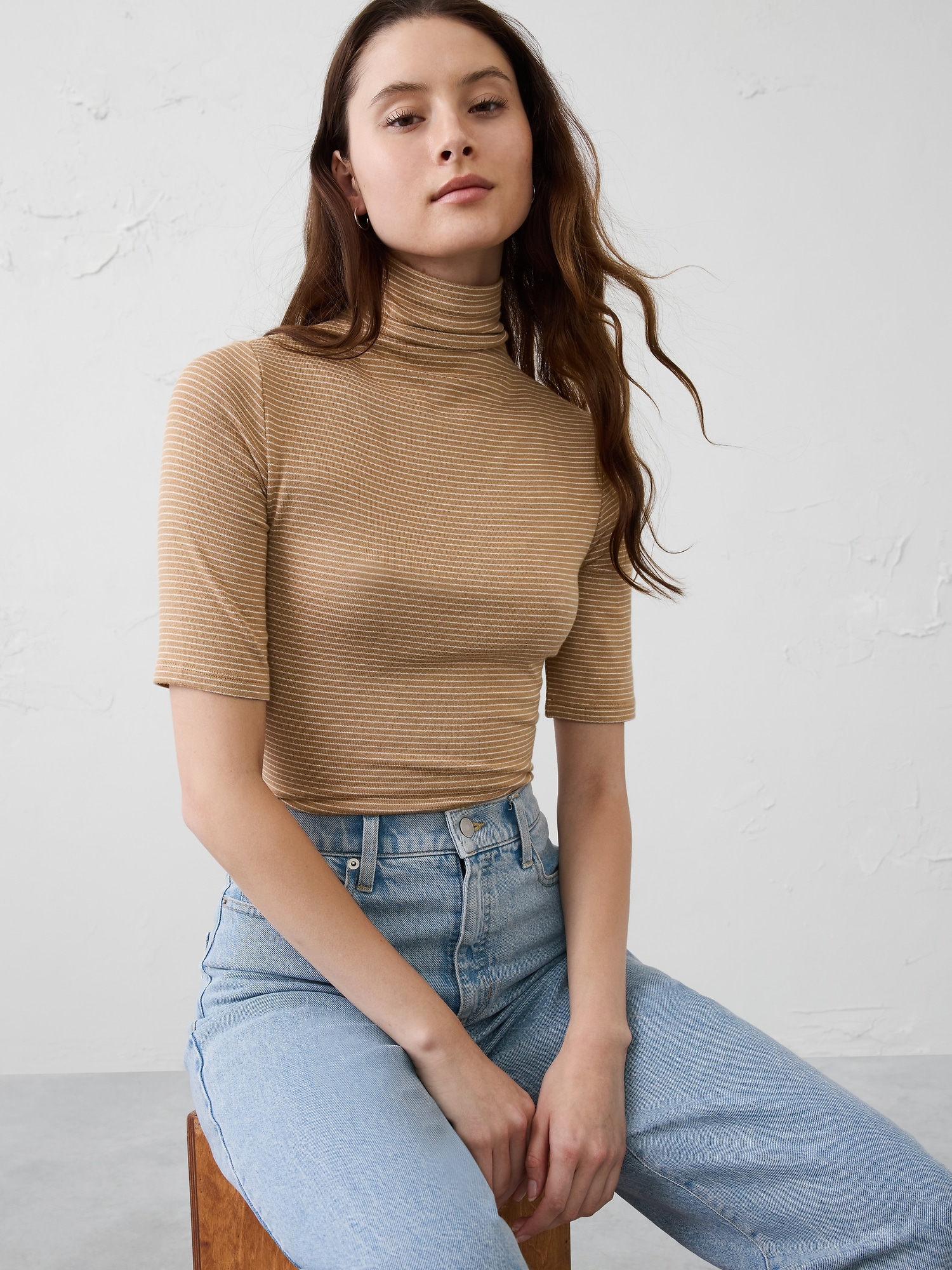 Soft Luxe Turtleneck Top - Neutral Stripe