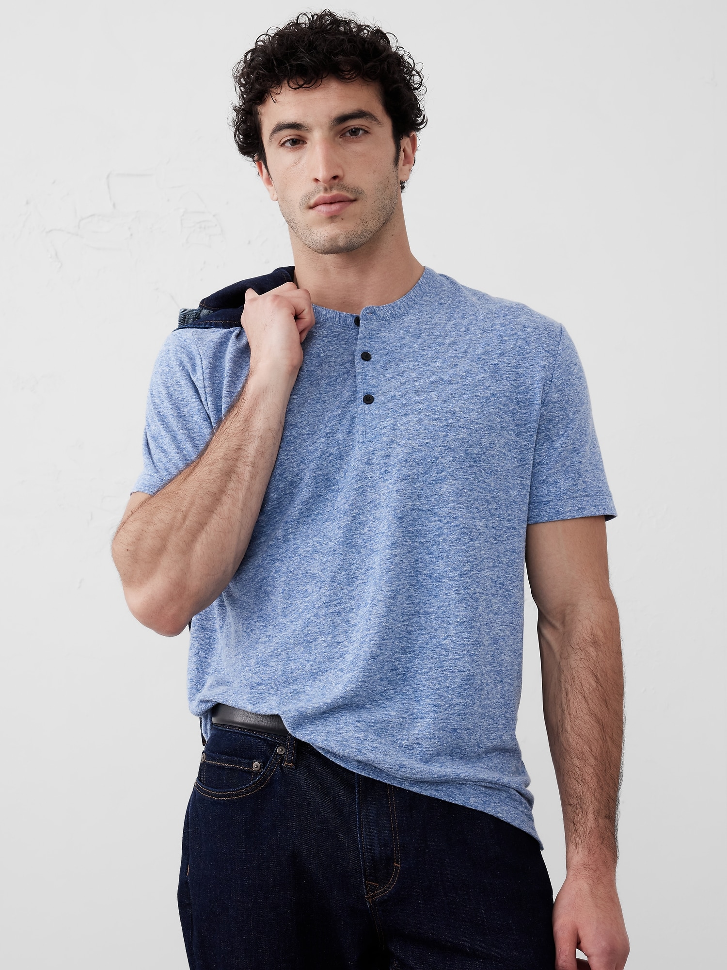 Linen-Blend Henley - Lazuli Blue