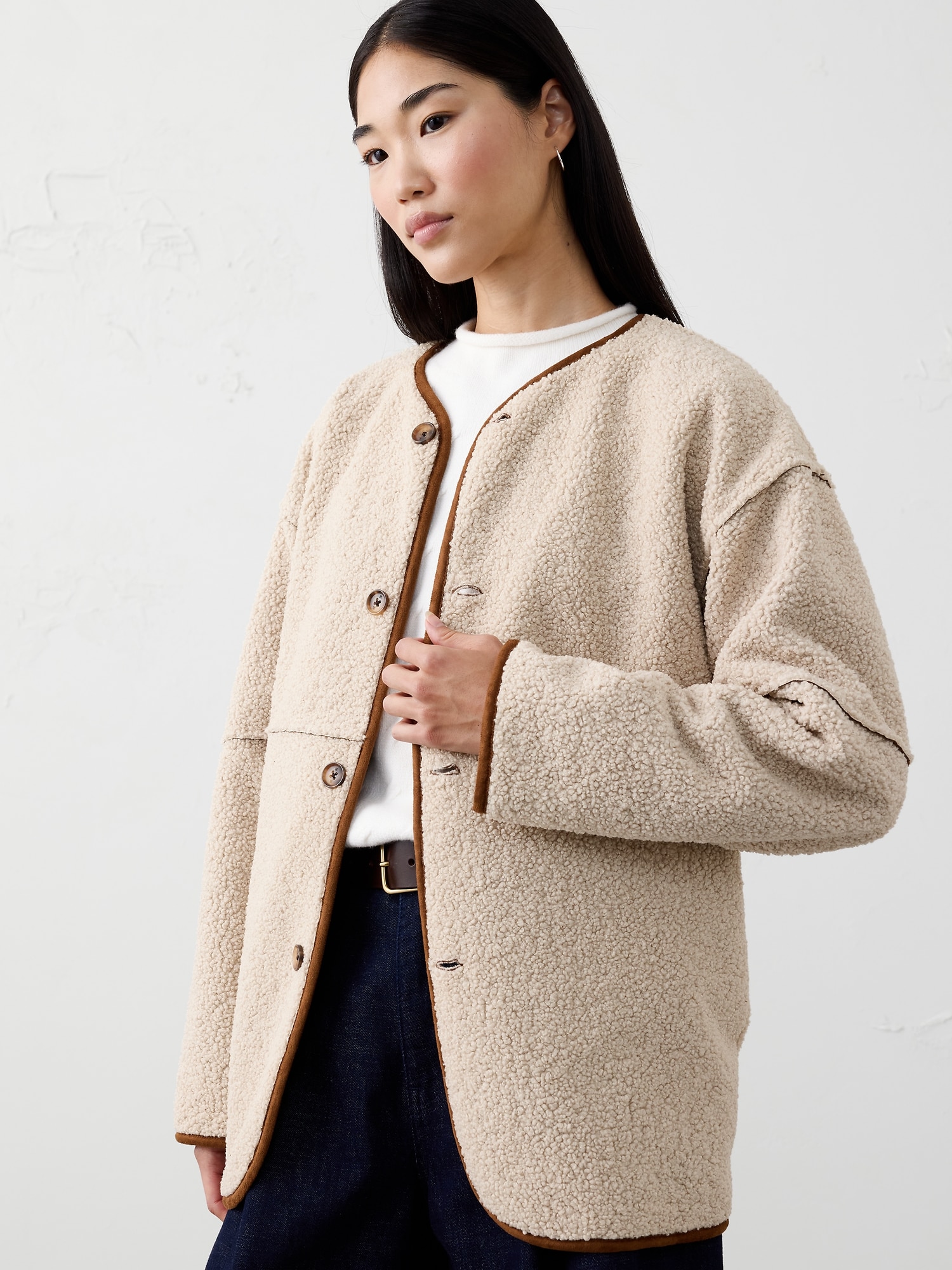 Reversible Vegan Suede Sherpa Jacket - Oxford Brown