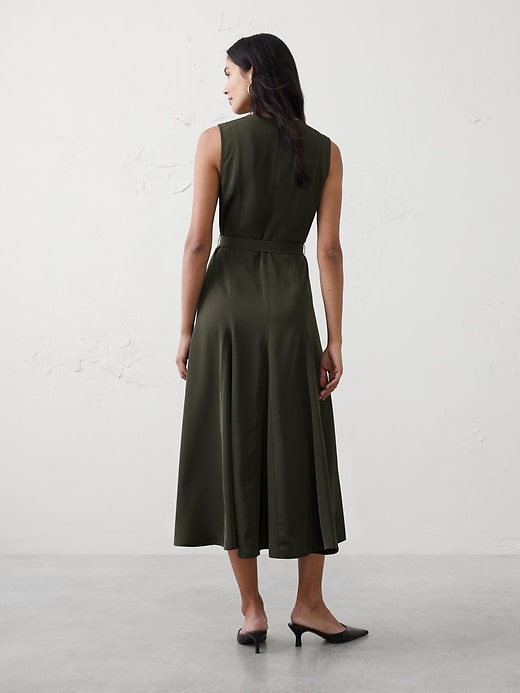 godet midi dress Karen Millen Tailored Satin Godet Full Skirted Midi Dress in Pale Blue