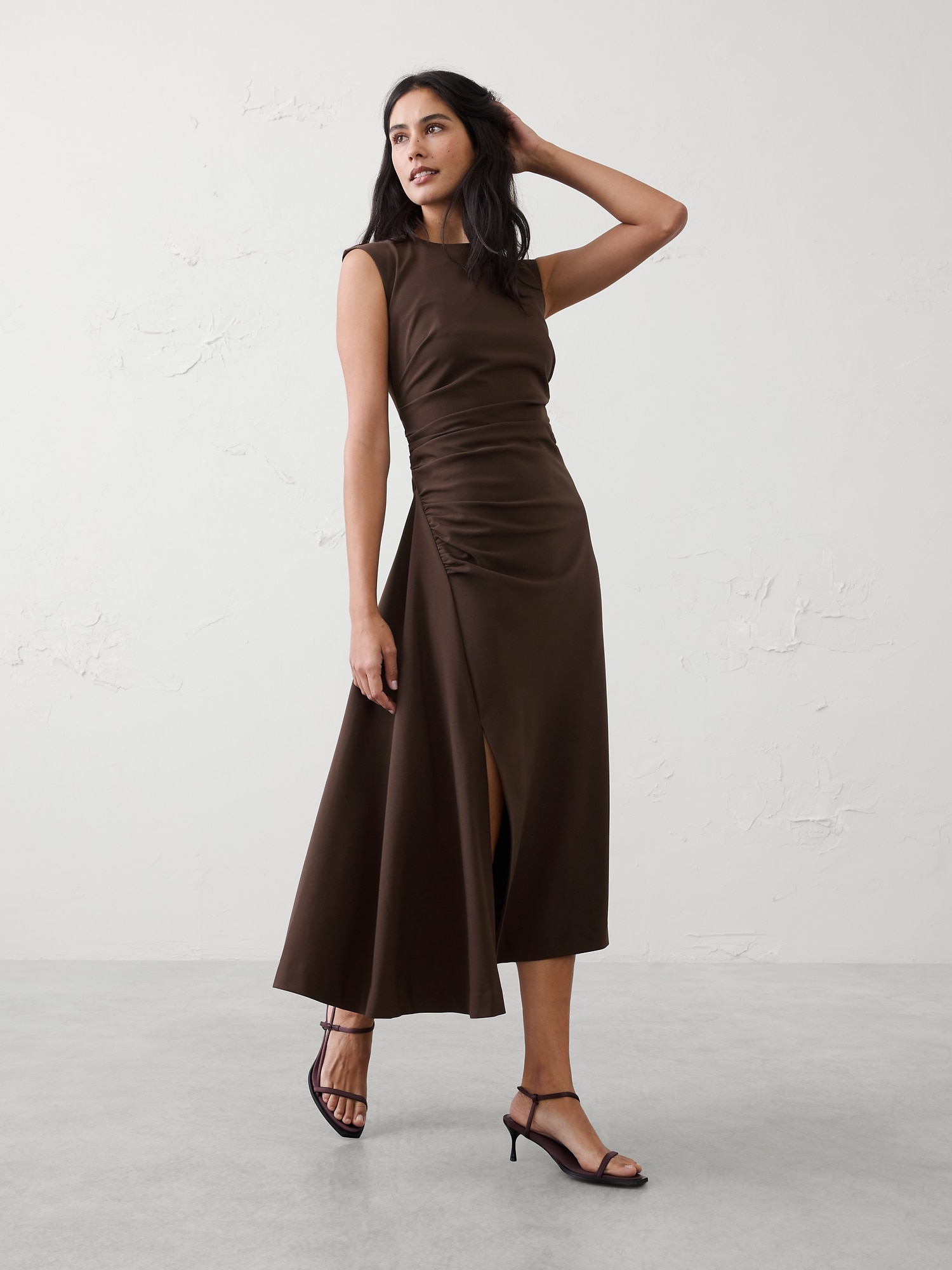 High-Neck Shirred Midi Dress