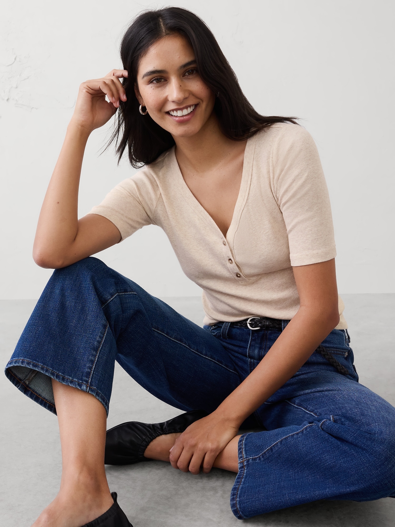 Ribbed Elbow-Sleeve Henley T-Shirt