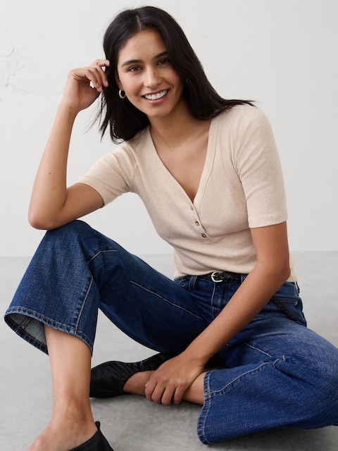 Ribbed Elbow-Sleeve Henley T-Shirt