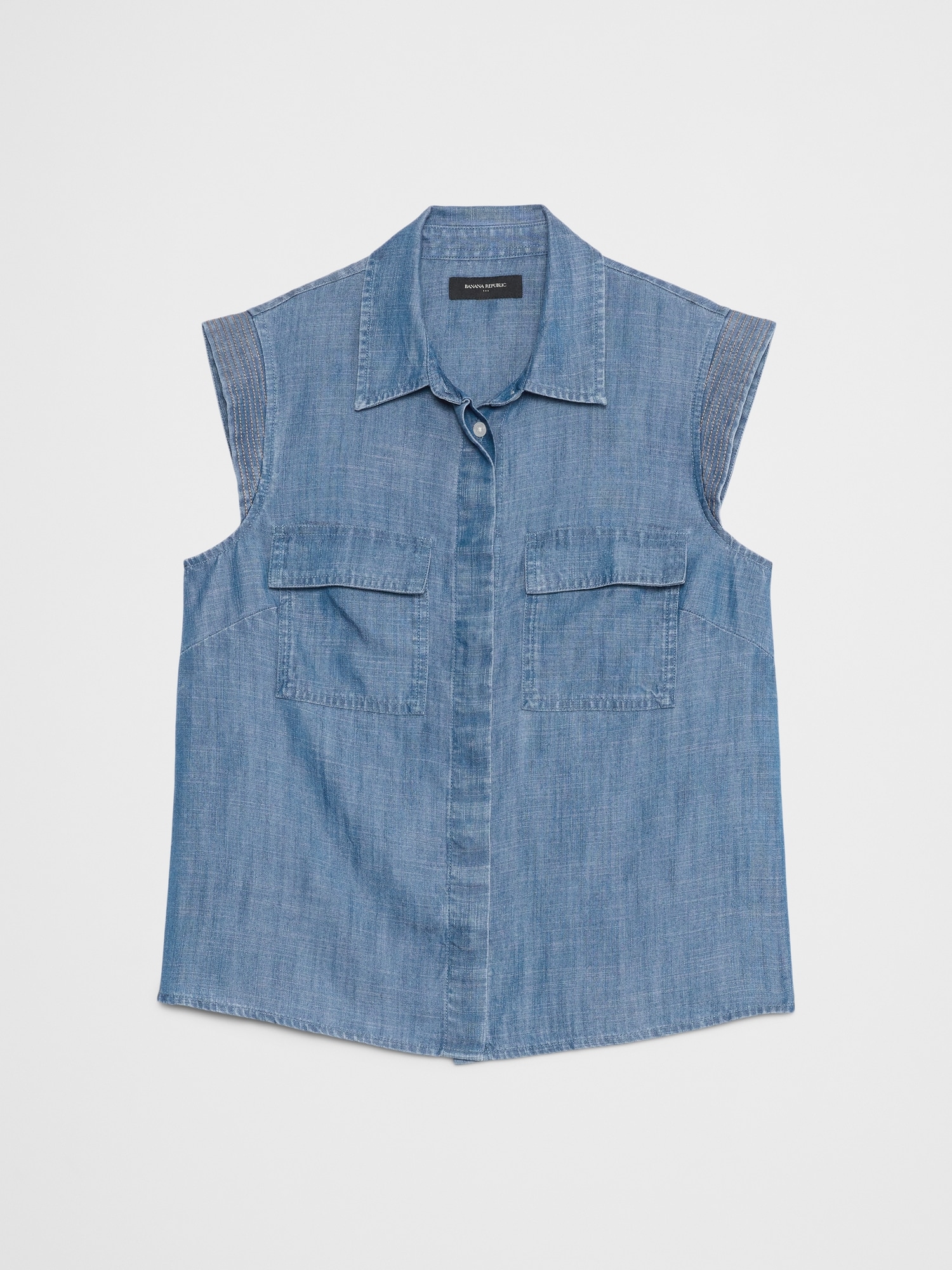 Image number 4 showing, Denim Trapunto Cap-Sleeve Shirt