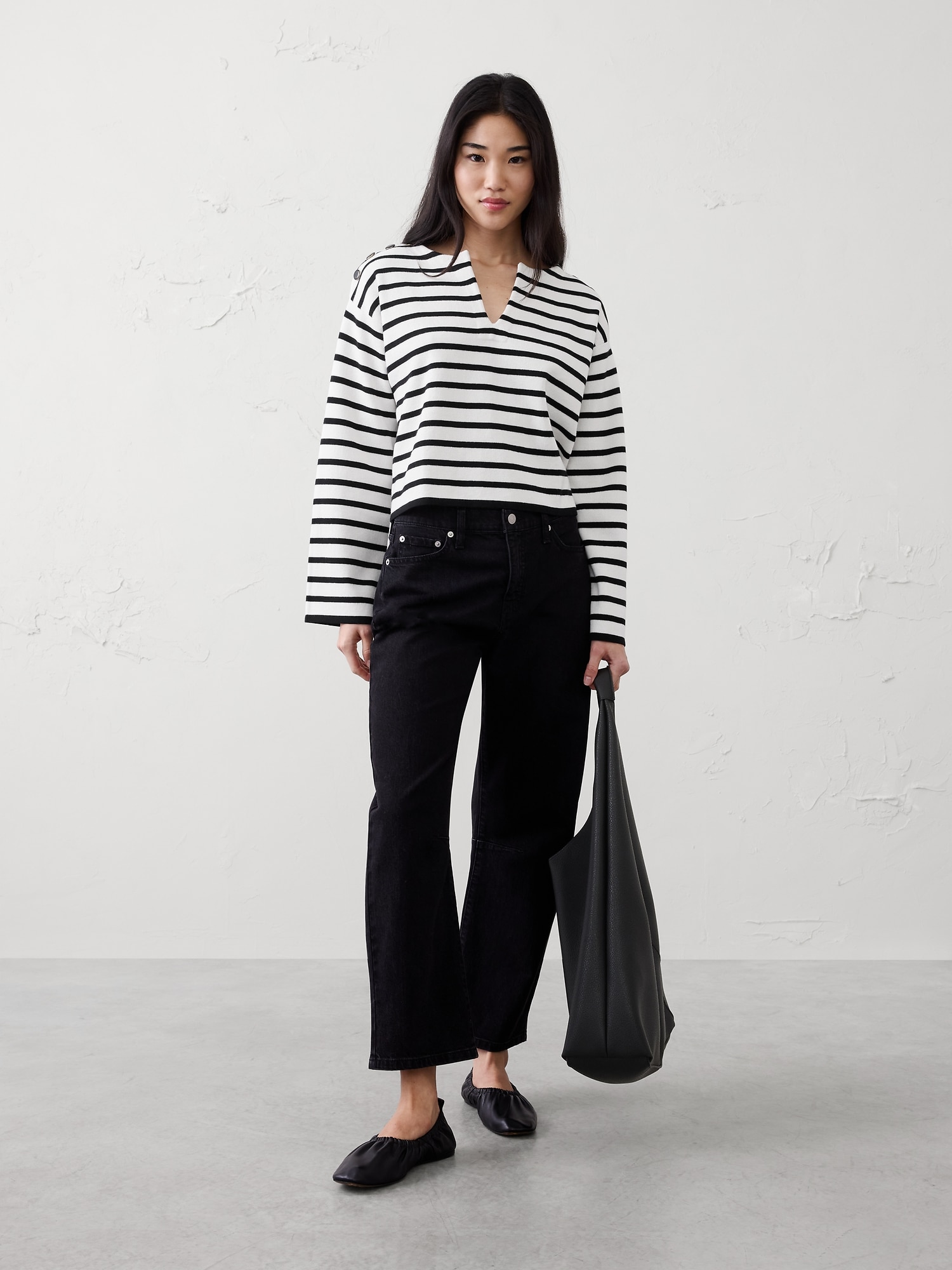 Striped Button Notch-Neck Sweater