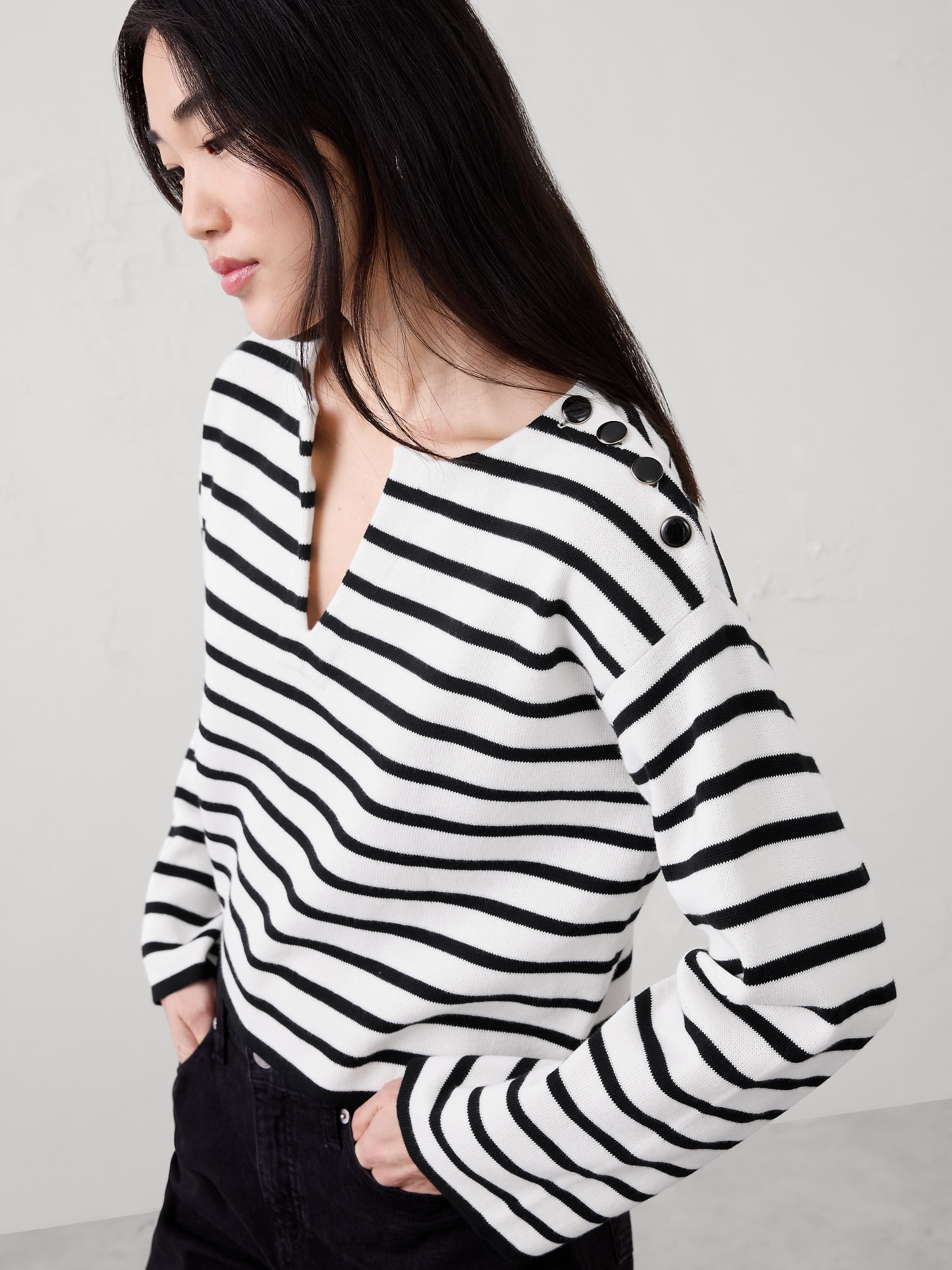 Image number 3 showing, Striped Button Notch-Neck Sweater