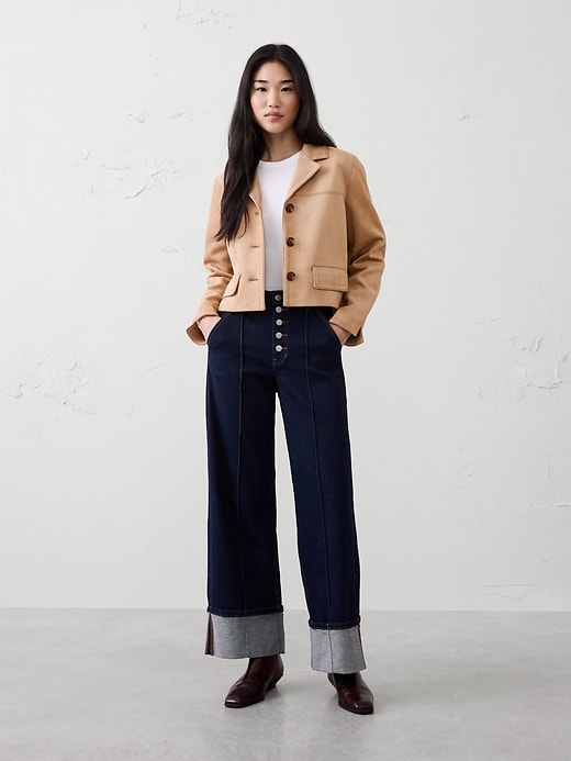 Wide-Leg High-Rise Pintuck Cuffed Jean