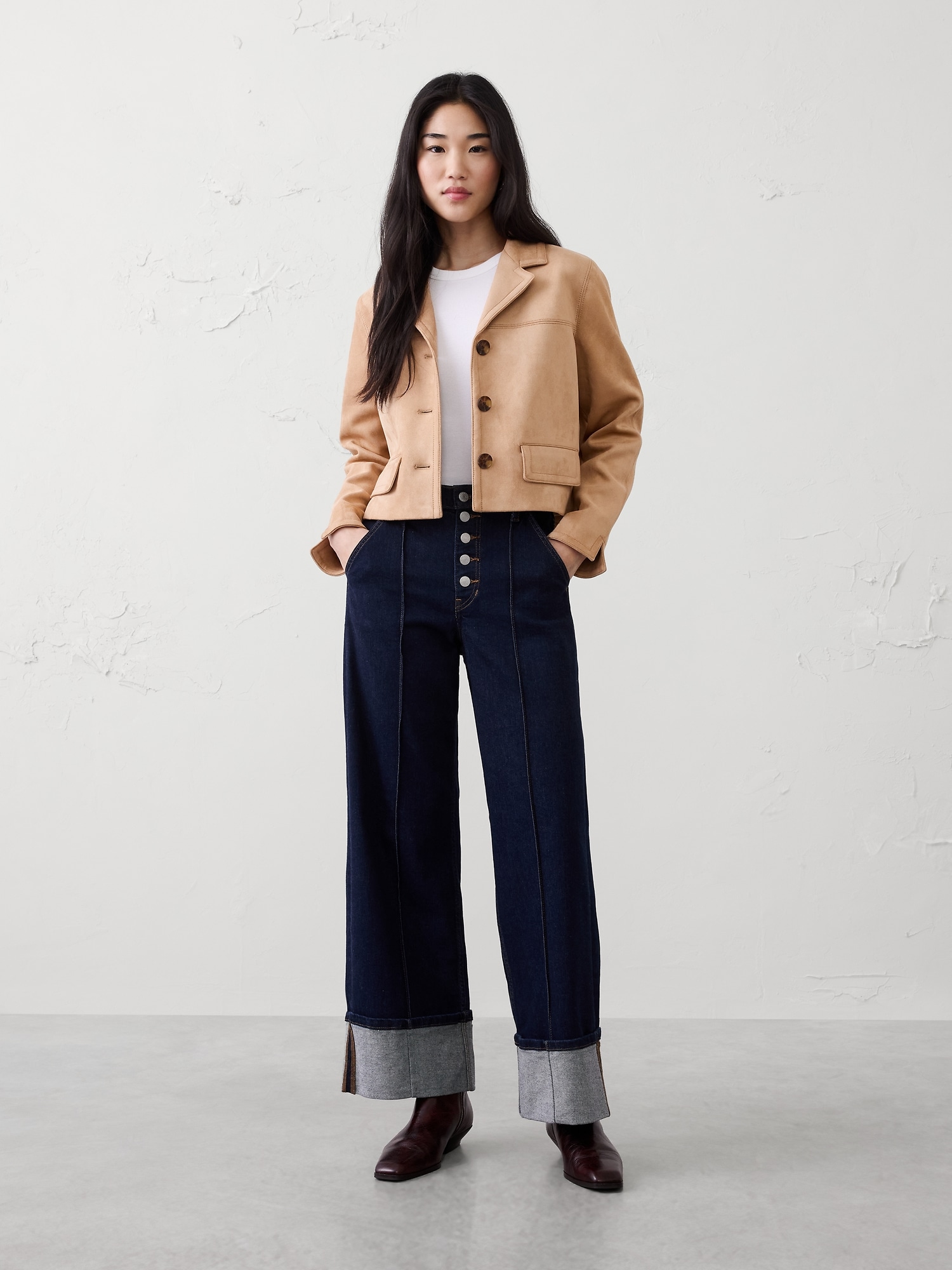 High-Rise Wide-Leg Pintuck Cuffed Jean