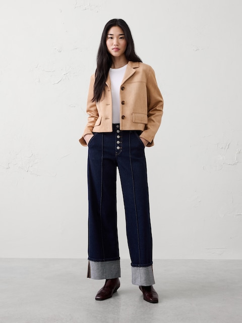Wide-Leg High-Rise Pintuck Cuffed Jean