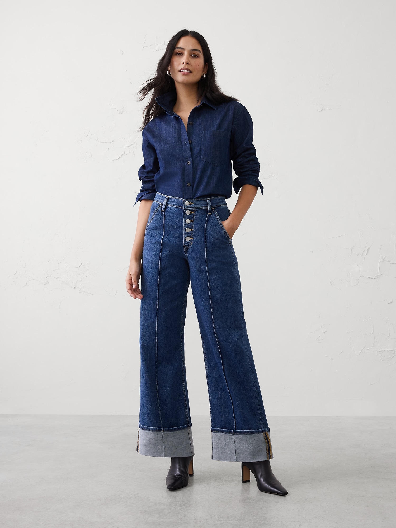 High-Rise Wide-Leg Pintuck Cuffed Jean