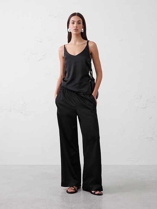 Wide-Leg High-Rise Crinkle Satin Pull-On Pant
